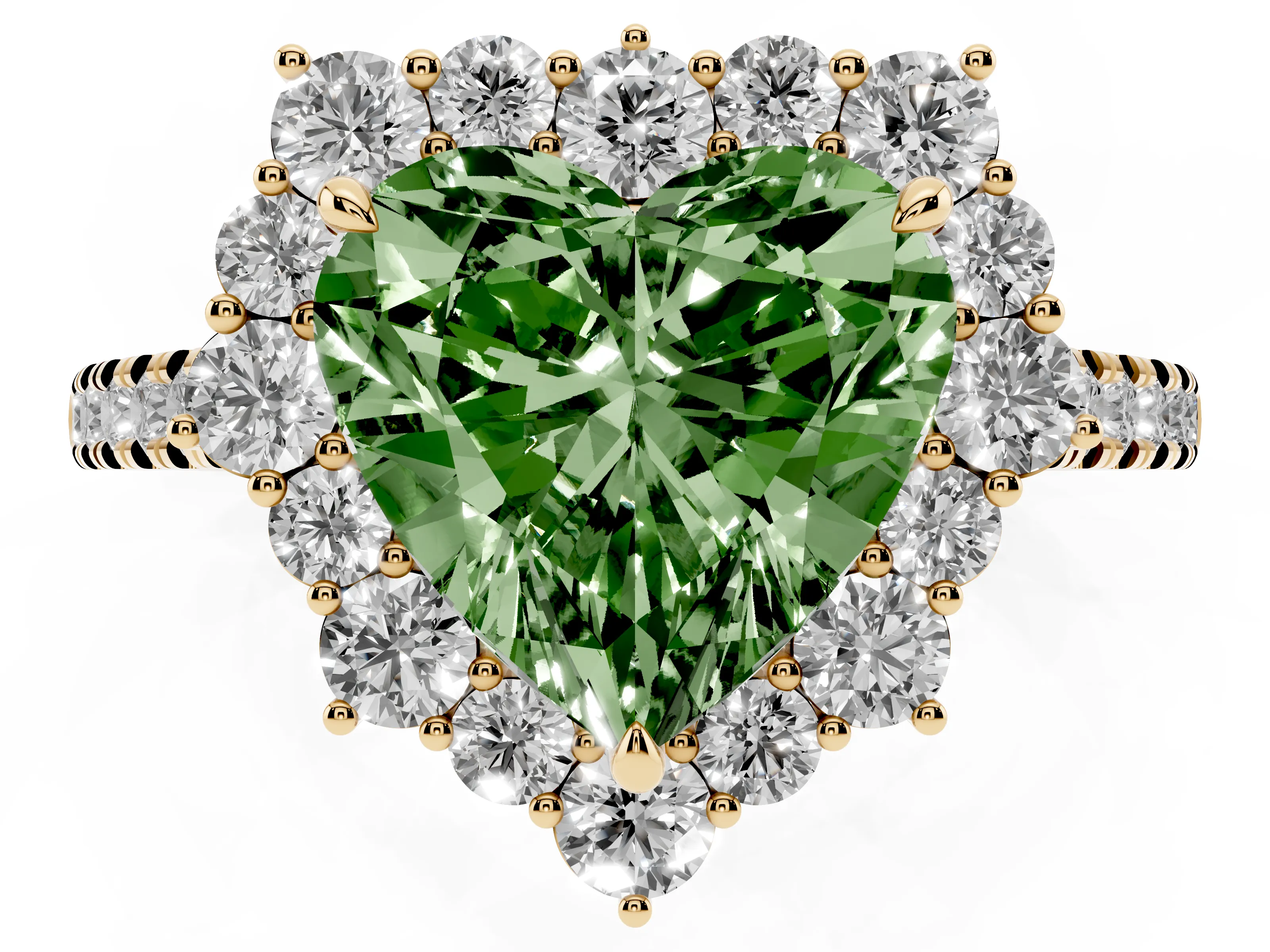 Fancy Green Heart Cut Diamond Halo Ring Set in Yellow gold with Pavé Band and Prong Setting