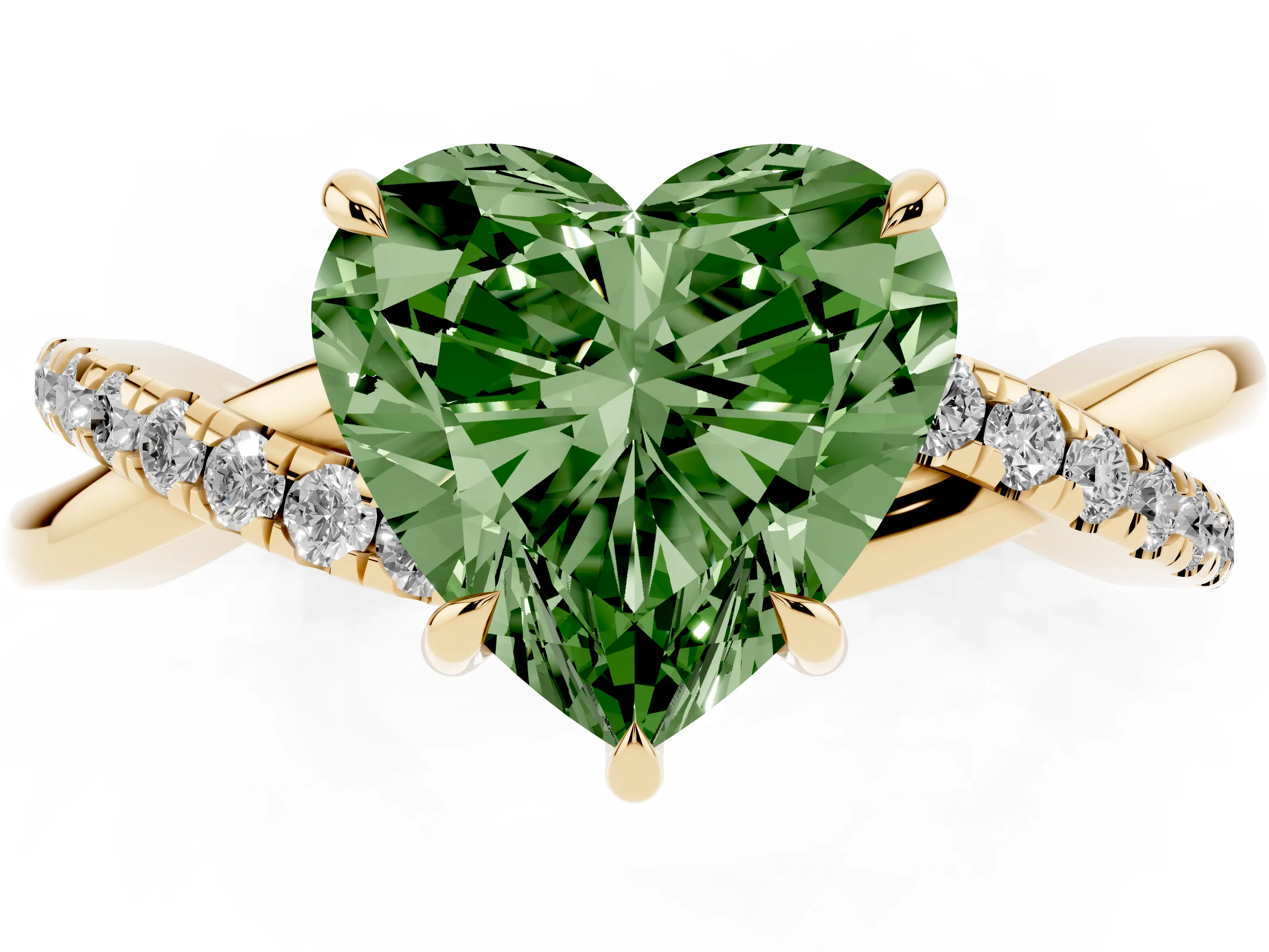 Fancy Green Heart Cut Diamond Twisted Pavé Band Ring Set in Yellow gold with Prong Setting