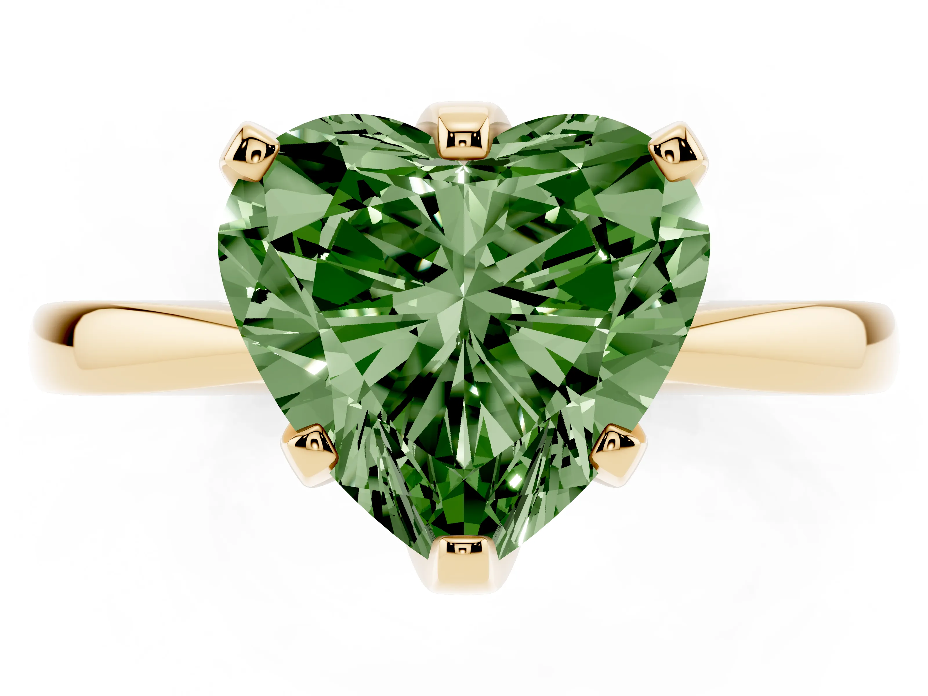 Fancy Green Heart Cut Diamond Solitaire Engagement Ring Set in Yellow gold with Slim Tapered Solitaire Band