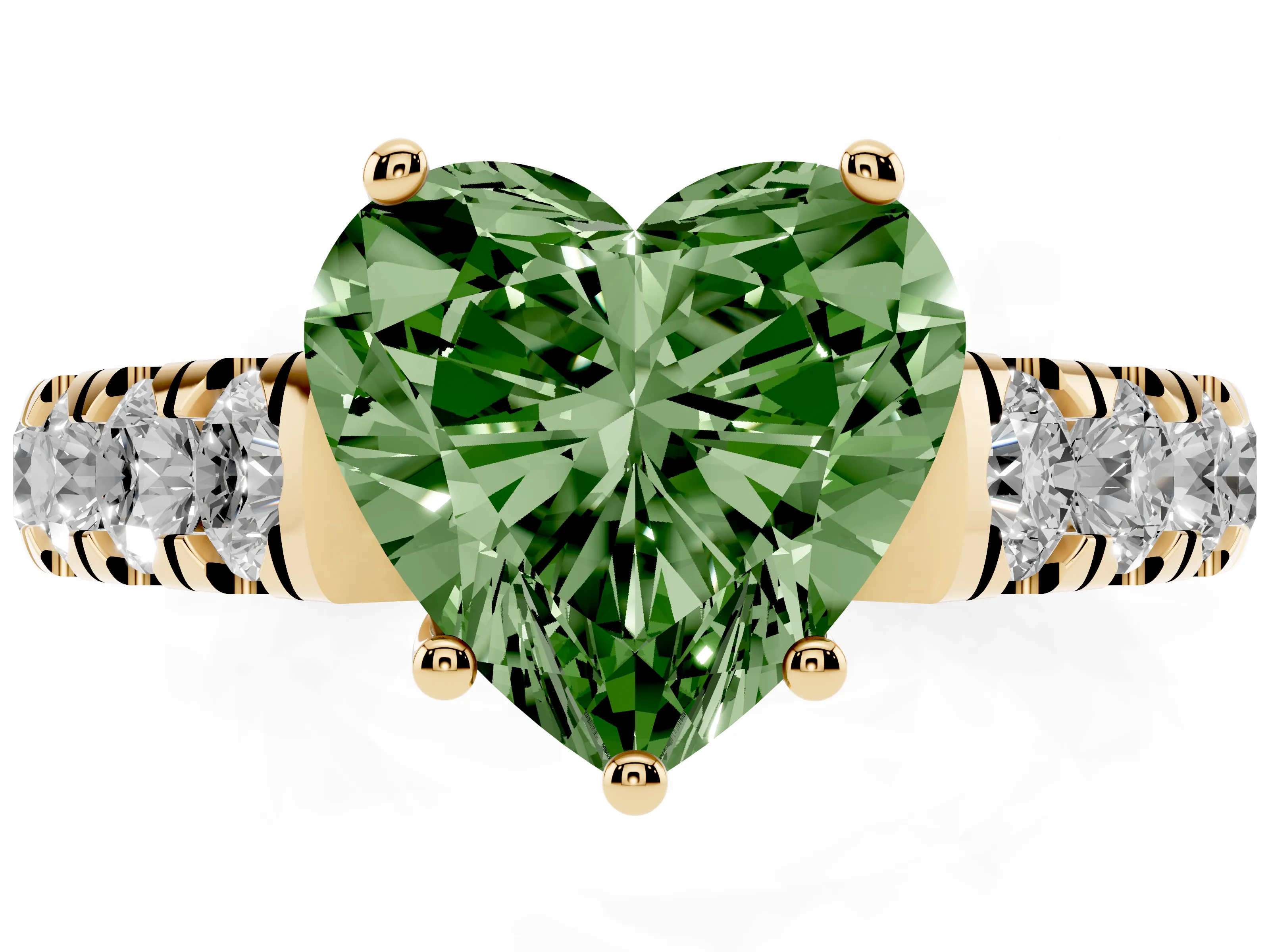 Fancy Green Heart Cut Diamond Solitaire Ring Set in Yellow gold with Cut-Down Micro Pavé Band and Prong Setting