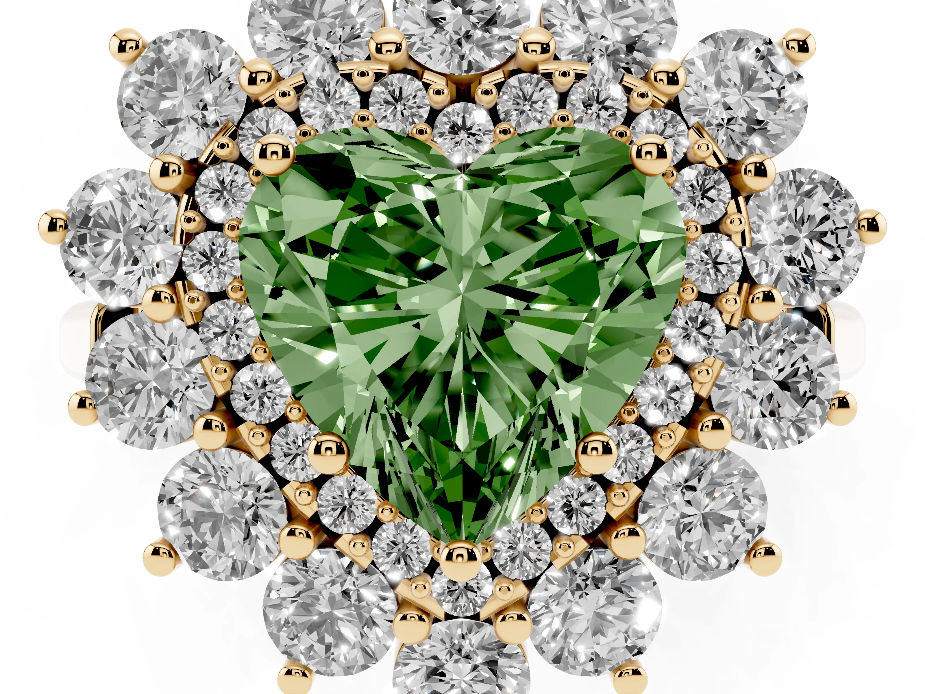 Fancy Green Heart Cut Diamond Floral Double Halo Ring Set in Yellow gold with Round Petals