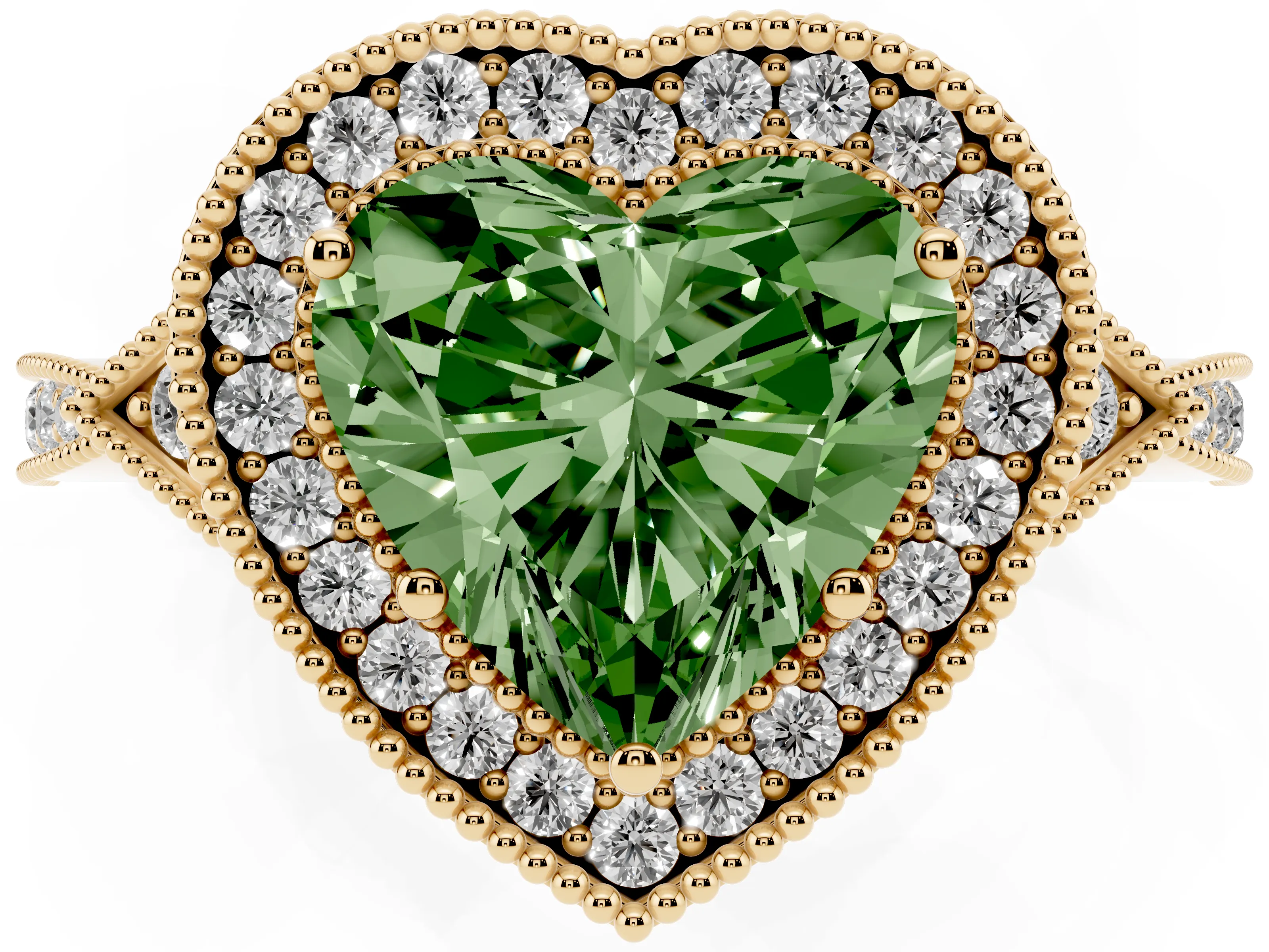 Fancy Green Heart Cut Diamond Halo Engagement Ring Set in Yellow gold with Milgrain Pavé Band