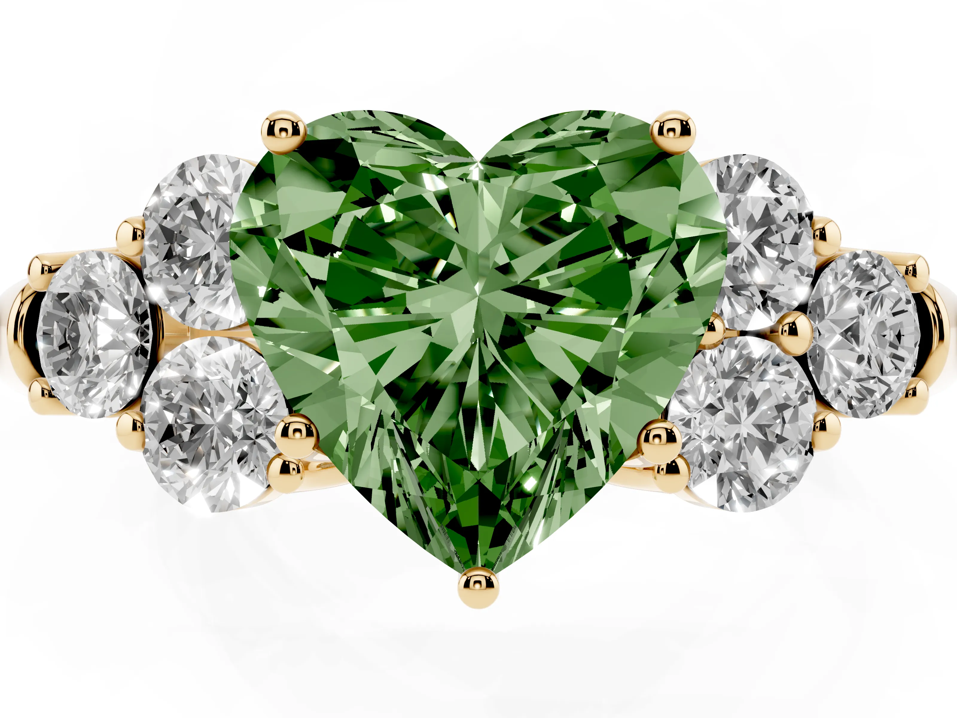 Fancy Green Heart Cut Diamond Cluster Ring Set in Yellow gold with Round Accent Stones and Prong Setting on a Plain Band
