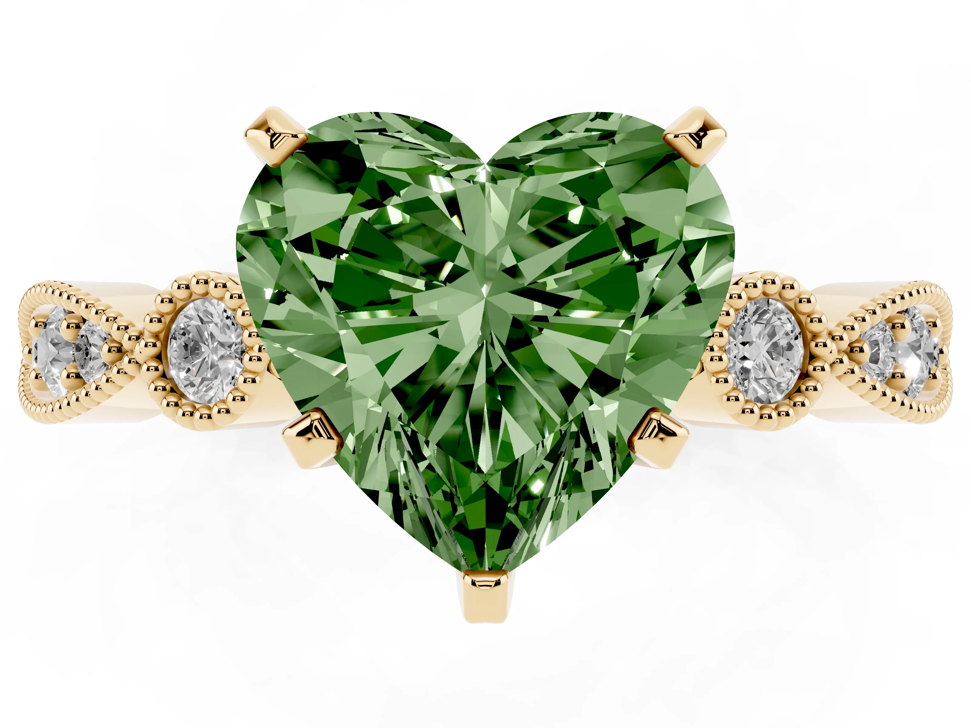 Fancy Green Heart Cut Diamond Solitaire Engagement Ring Set in Yellow gold with Milgrain Bezel Accent Band