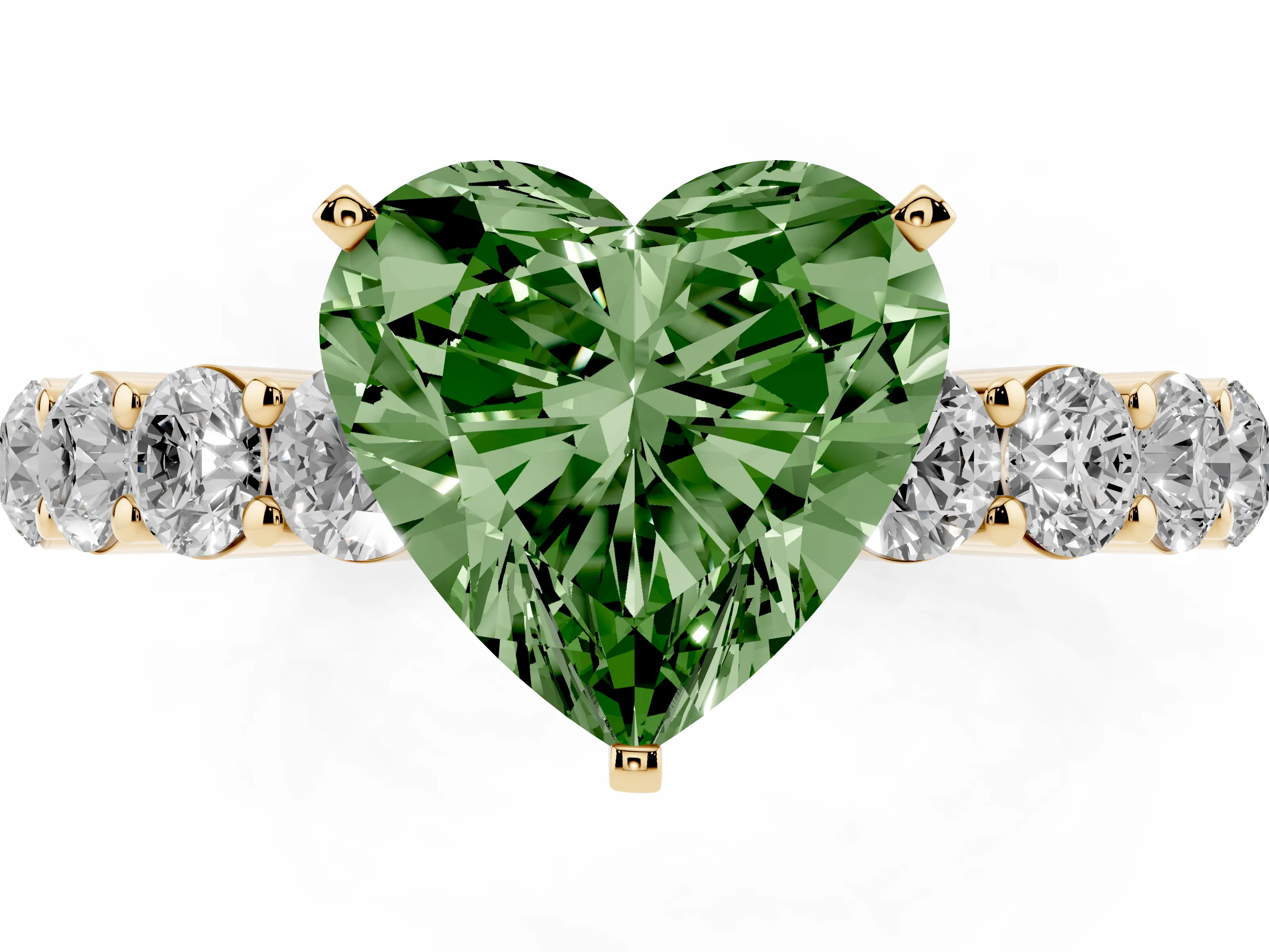 Fancy Green Heart Cut Diamond Solitaire Ring Set in Yellow gold with Shared Prong Round Side Stones