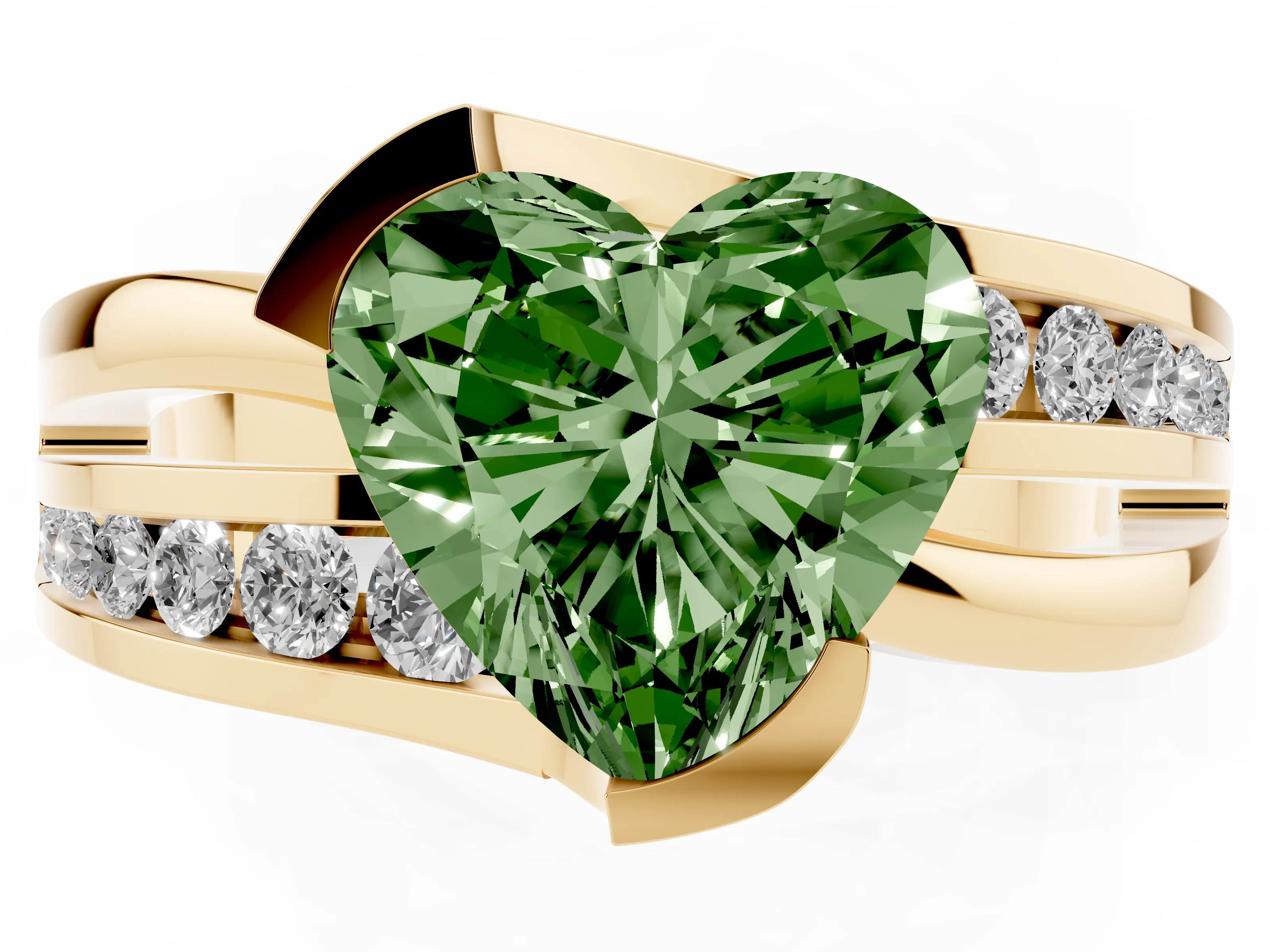 Fancy Green Heart Cut Diamond Solitaire Ring Set in Yellow gold with Channel Set Split Shank and Tension Prongs