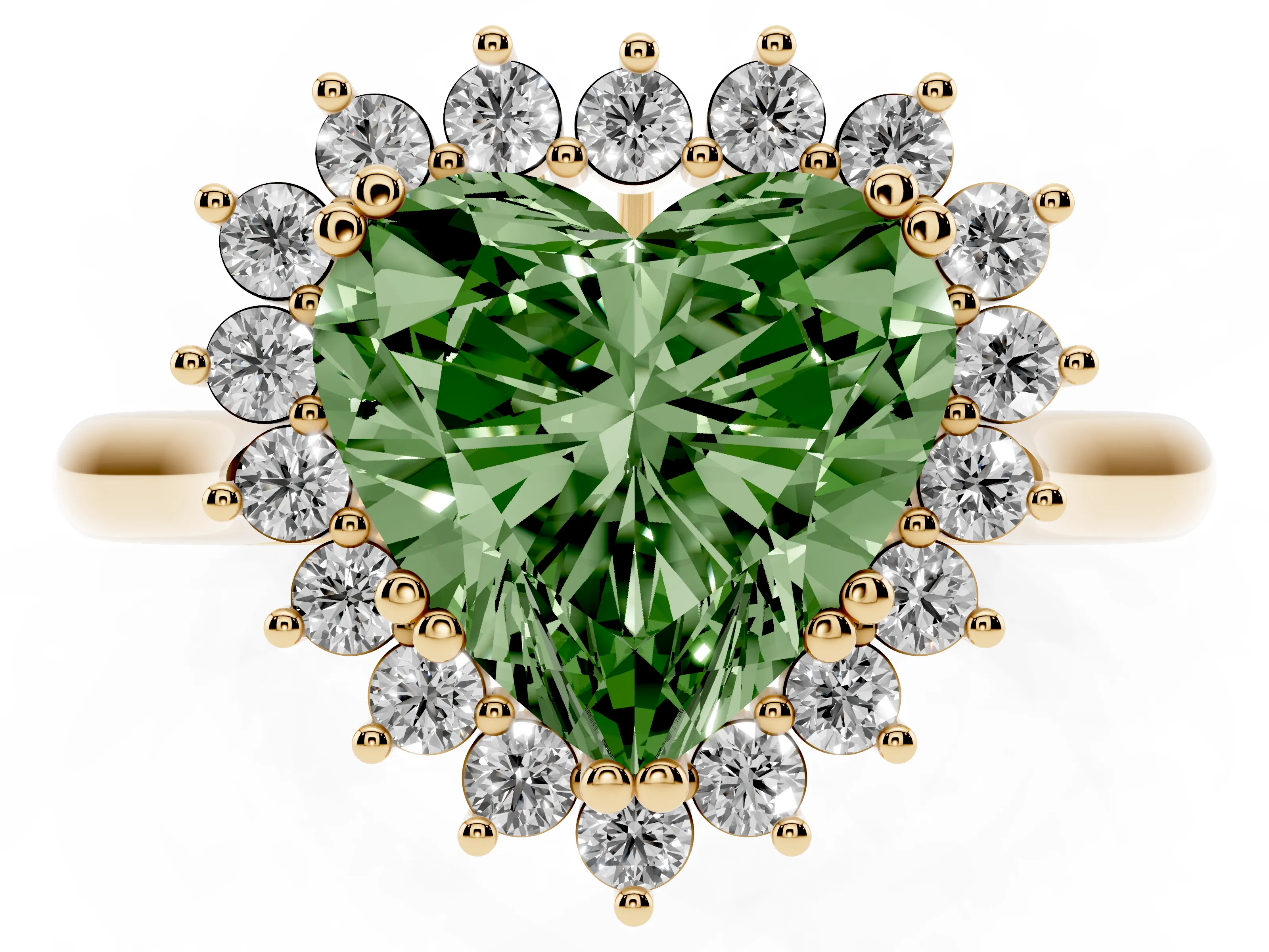 Fancy Green Heart Cut Diamond Halo Ring Set in Yellow gold with Plain Solitaire Band and Prong Setting