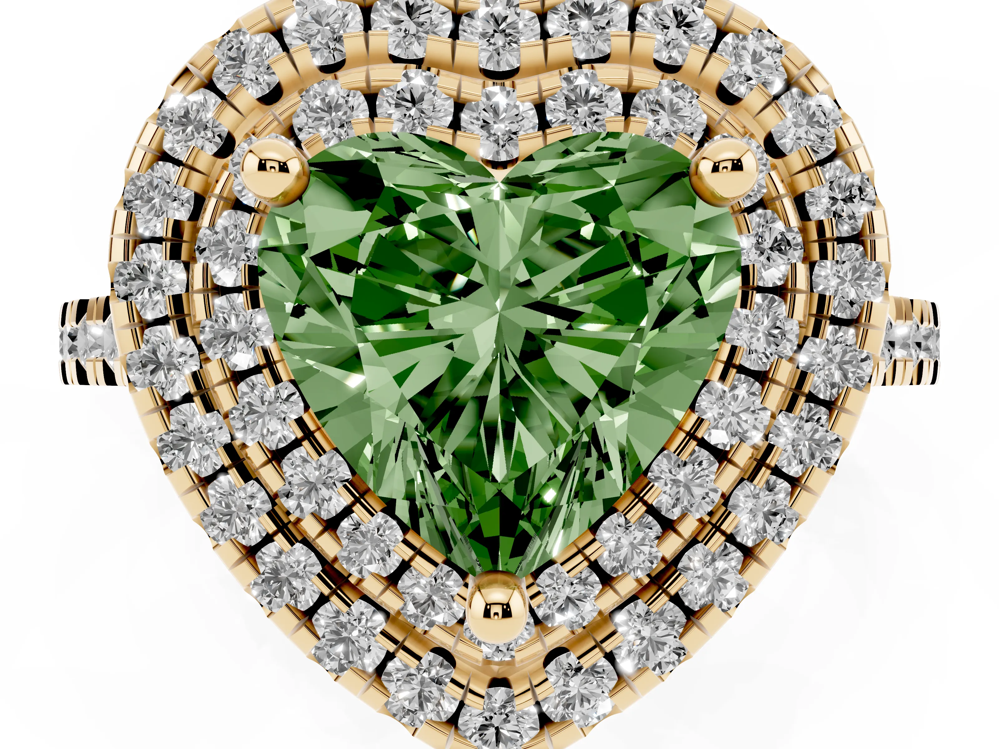 Fancy Green Heart Cut Diamond Double Halo Statement Ring Set in Yellow gold with Pavé Band