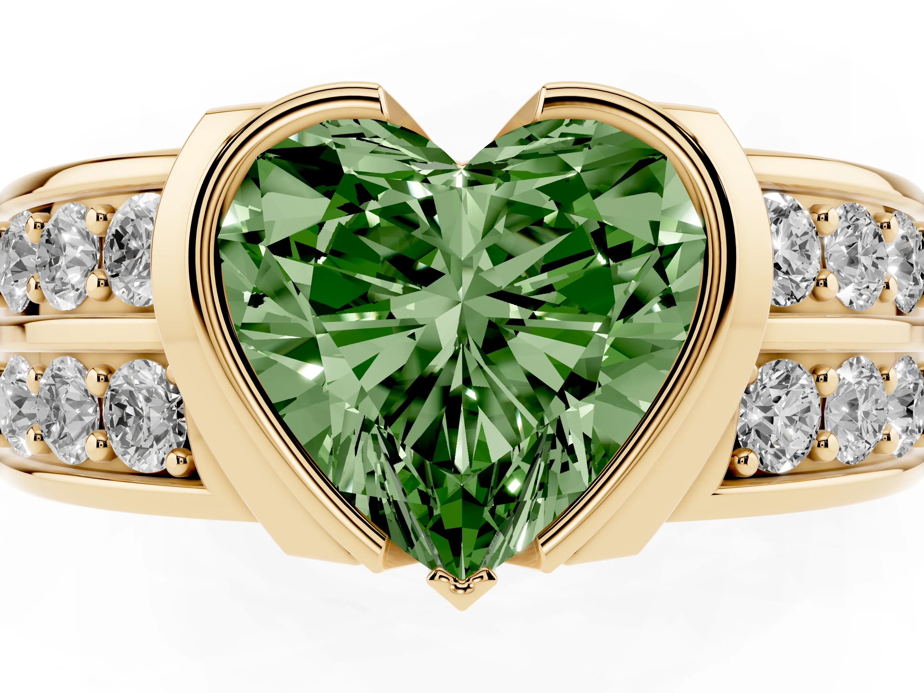 Fancy Green Heart Cut Diamond Wide Channel Set Band Ring Set in Yellow gold with Bezel Setting