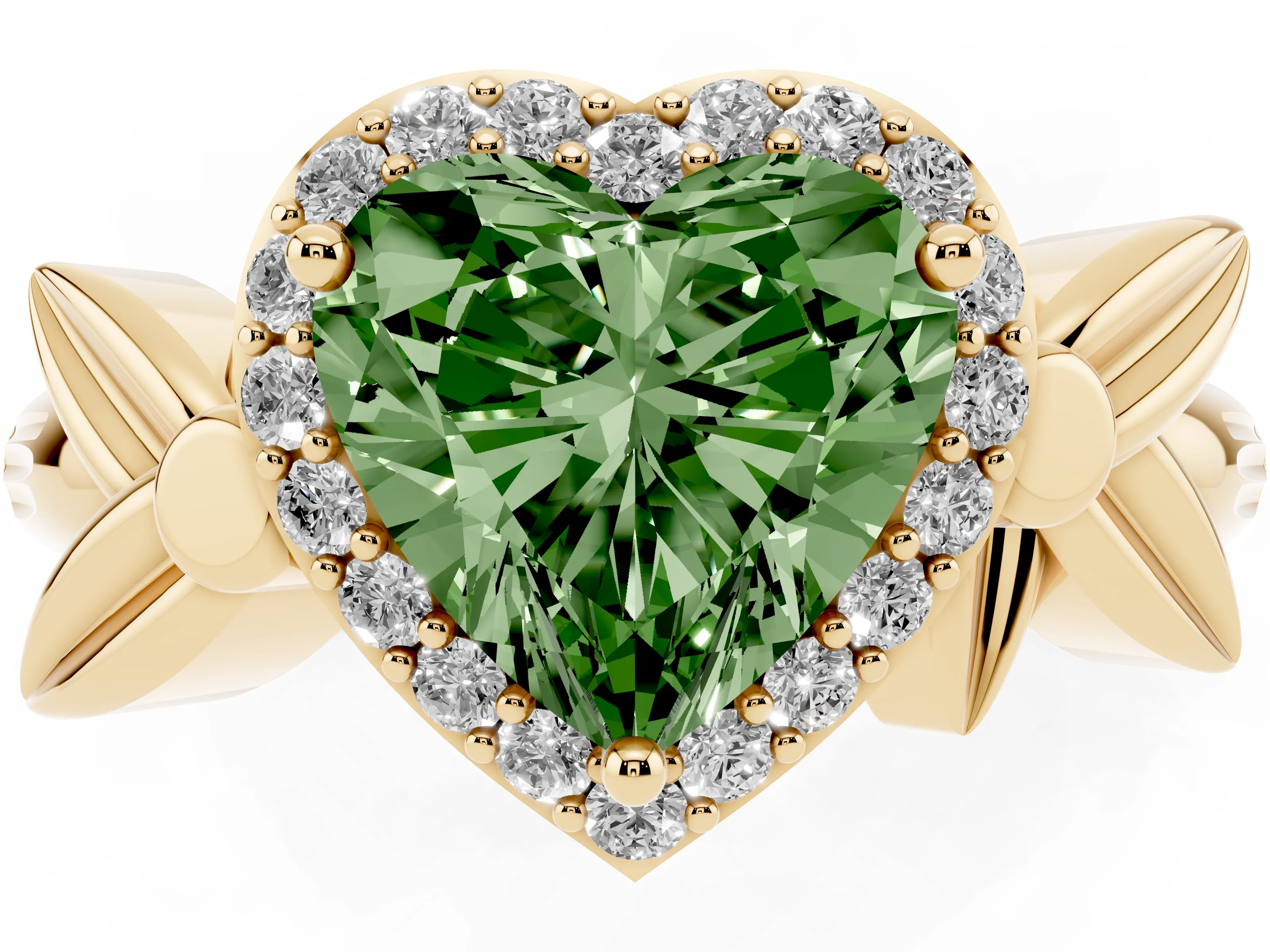 Fancy Green Heart Cut Diamond Halo Floral Band Ring Set in Yellow gold with Prong Setting