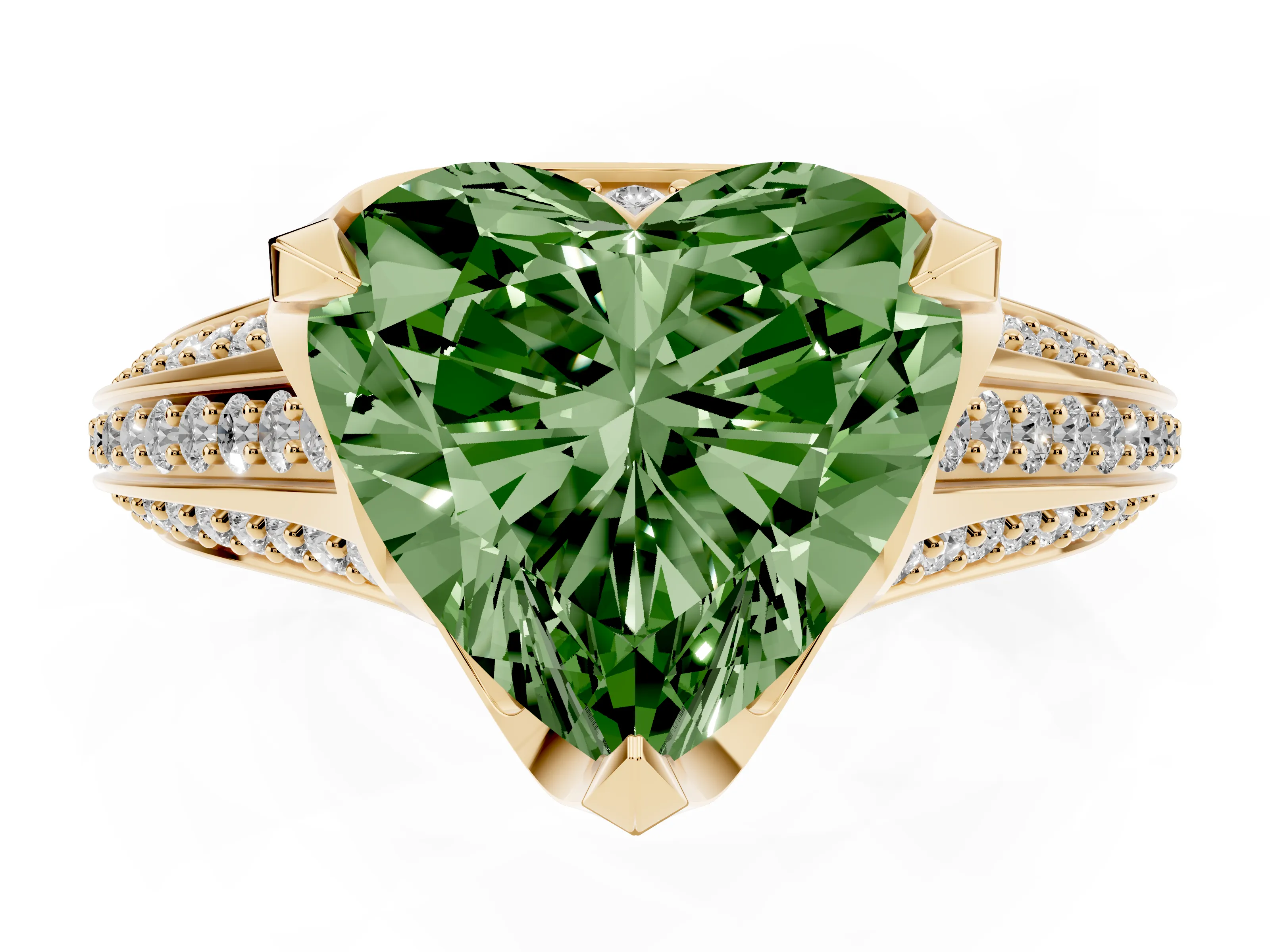 Fancy Green Heart Cut Diamond Pavé Split Shank Solitaire Ring Set in Yellow gold with Prong Setting
