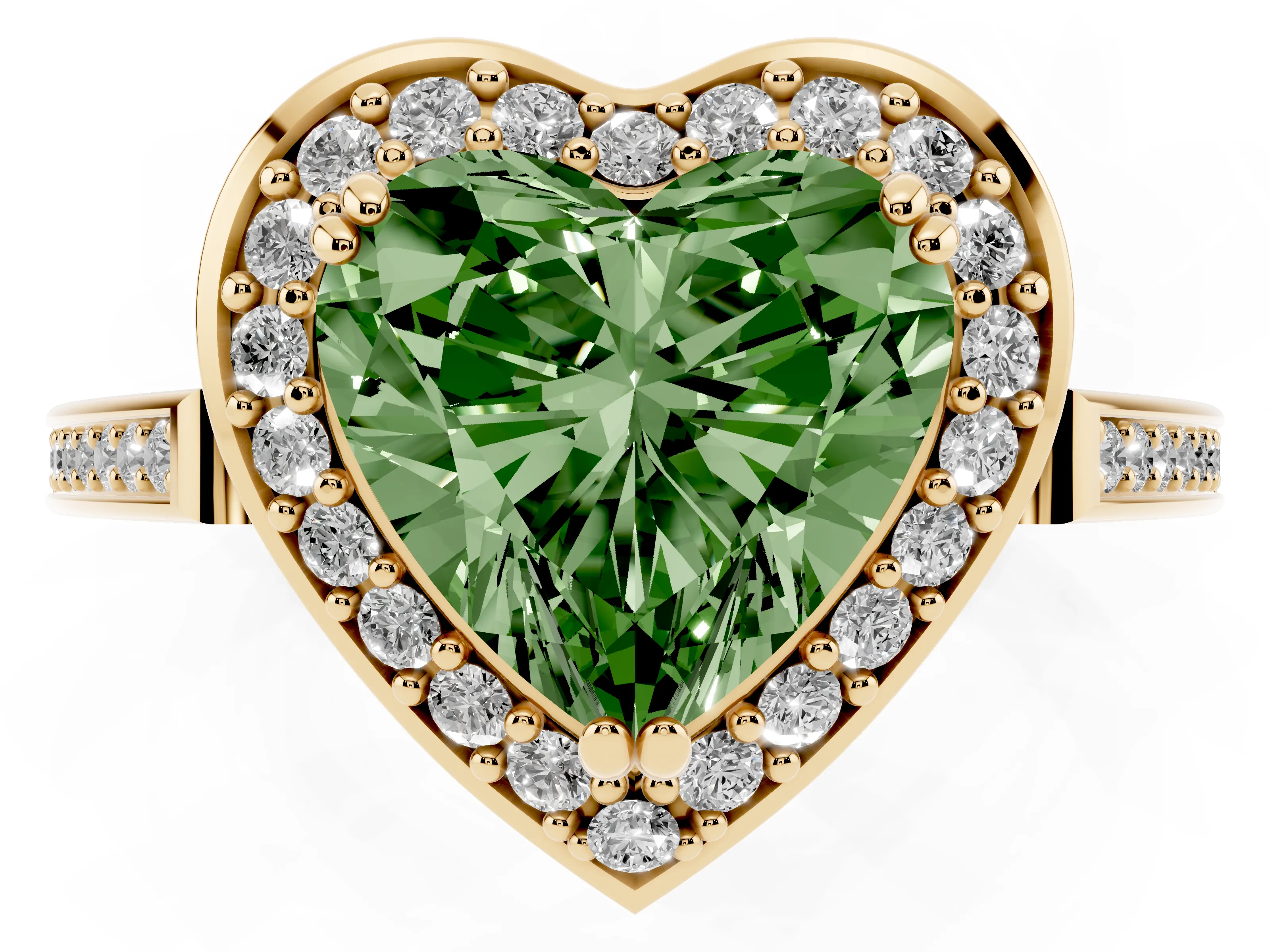 Fancy Green Heart Cut Diamond Halo Ring Set in Yellow gold with Accent-Lined Split Shank and Prong Setting