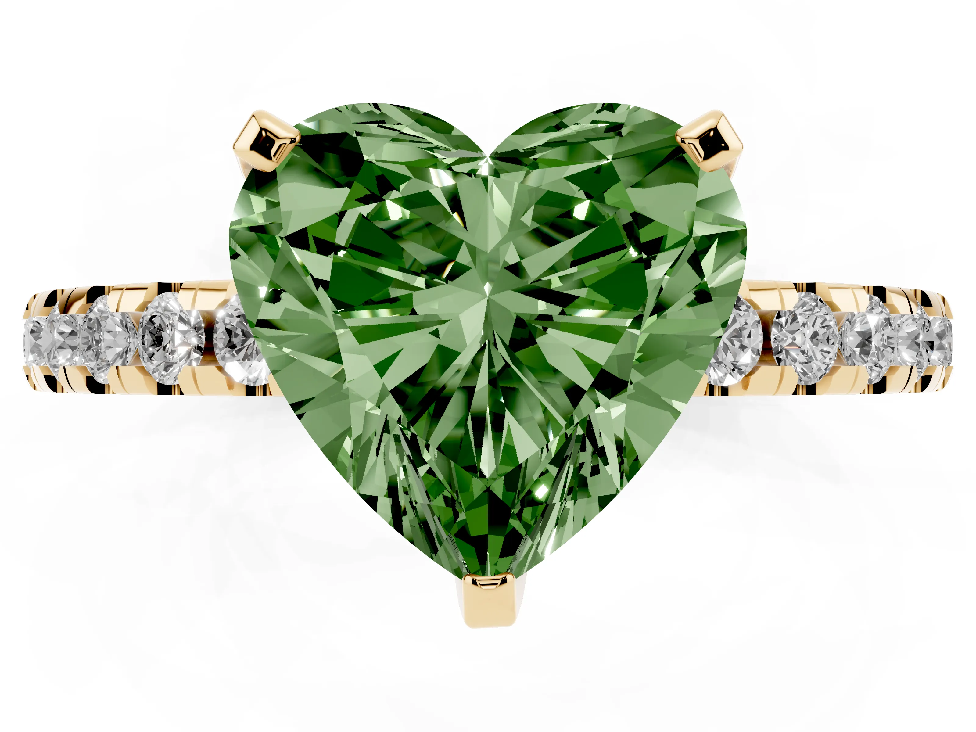 Fancy Green Heart Cut Diamond Pavé Solitaire Ring Set in Yellow gold with Round Band Accents and Prong Setting