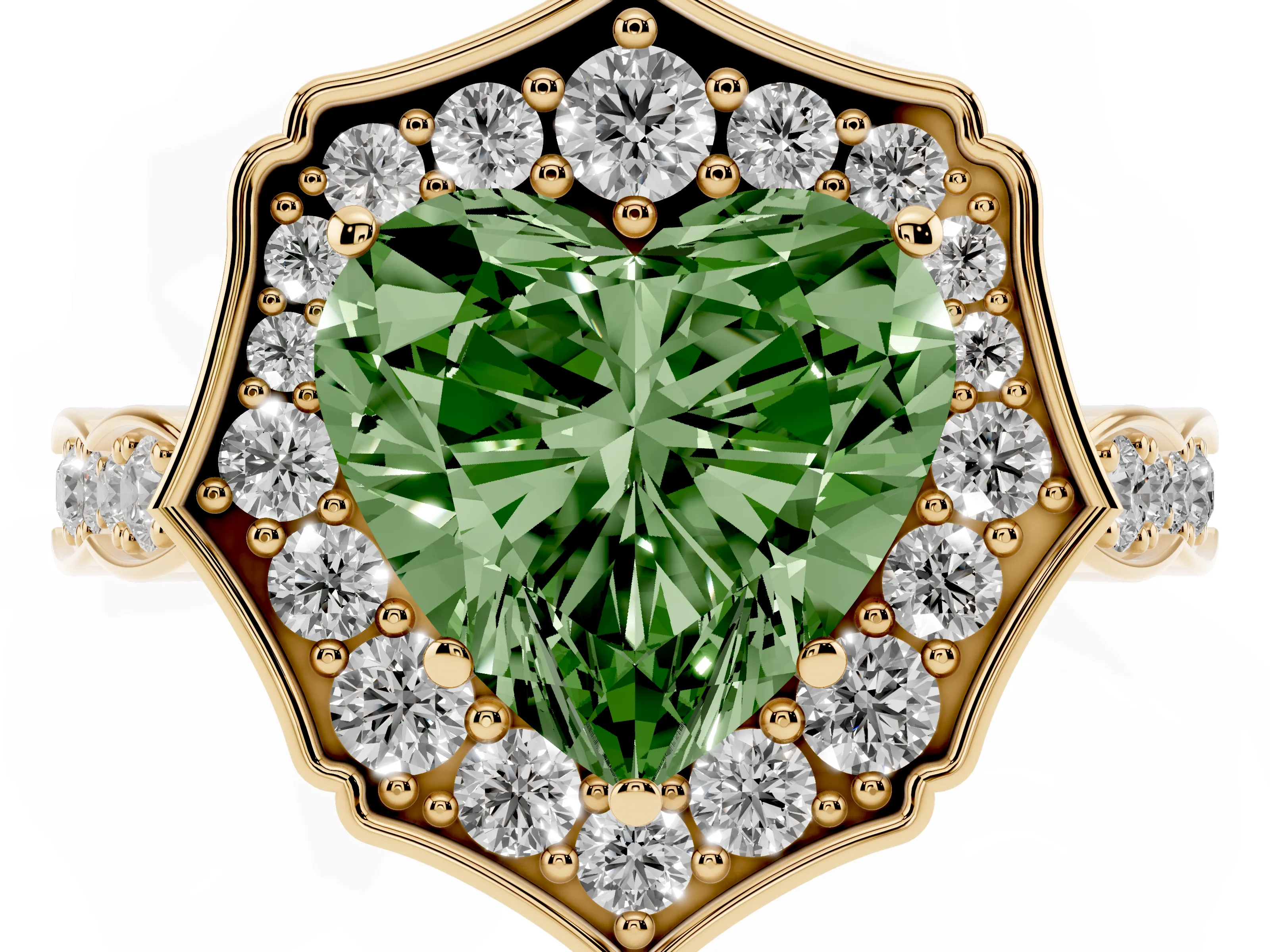 Fancy Green Heart Cut Diamond Halo Engagement Ring Set in Yellow gold with Milgrain Band and Prong Setting