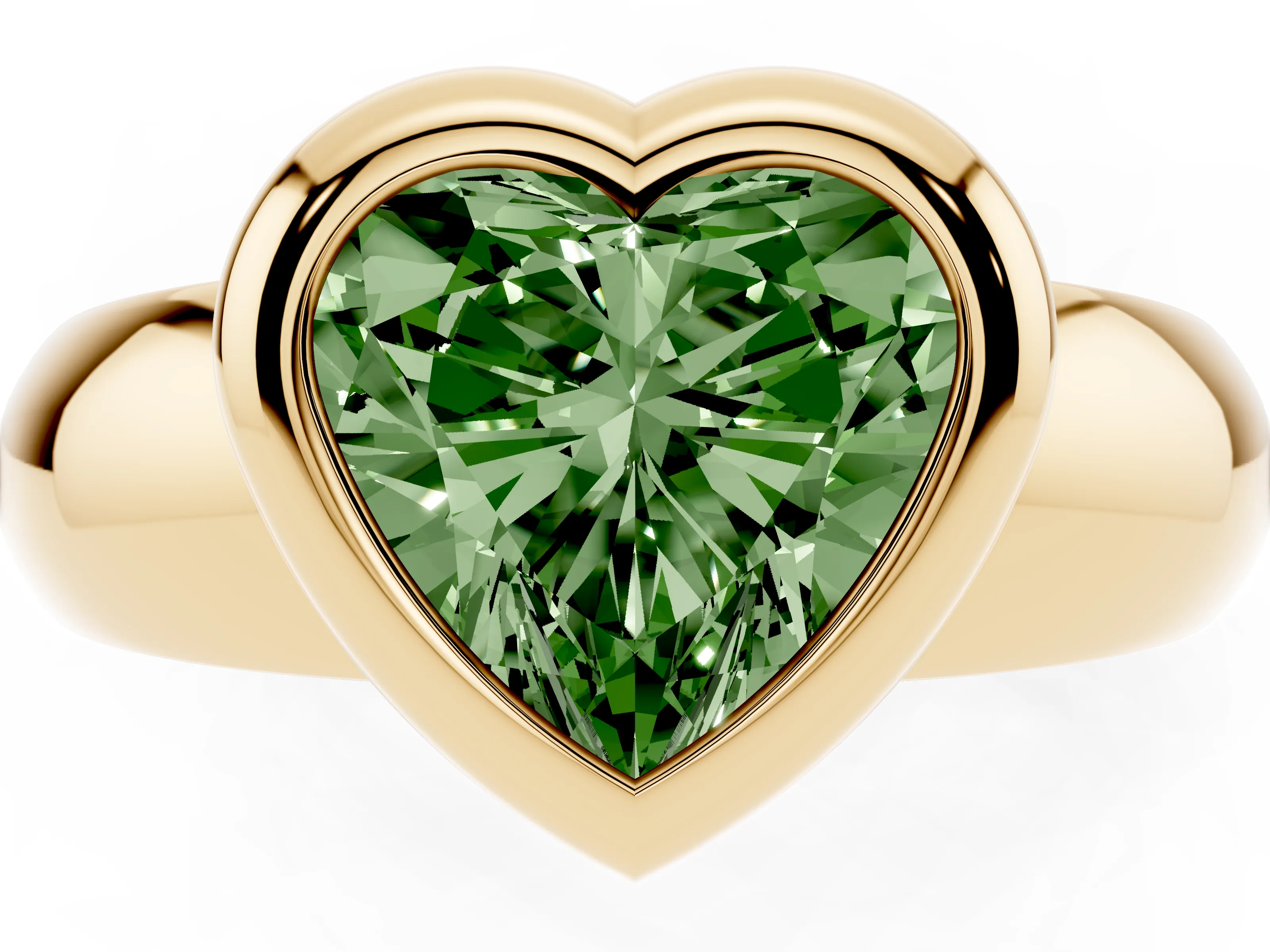 Fancy Green Bezel Set Heart Cut Diamond Solitaire Ring Set in Yellow gold with Wide Band