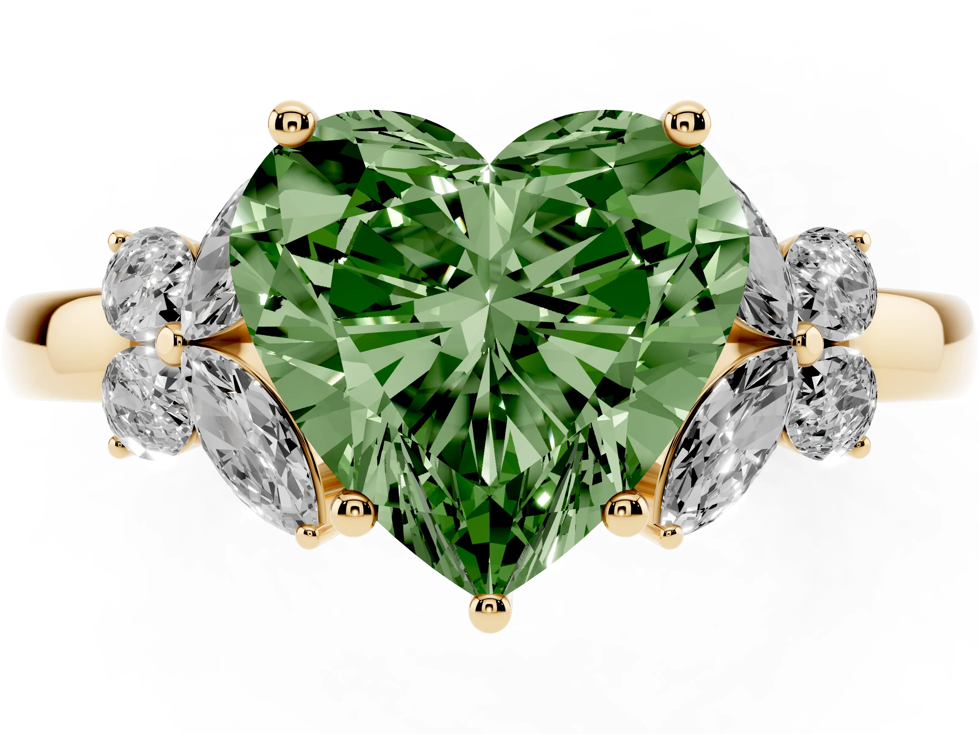 Fancy Green Heart Cut Diamond Solitaire Floral Ring Set in Yellow gold with Marquise Petals and Prong Setting