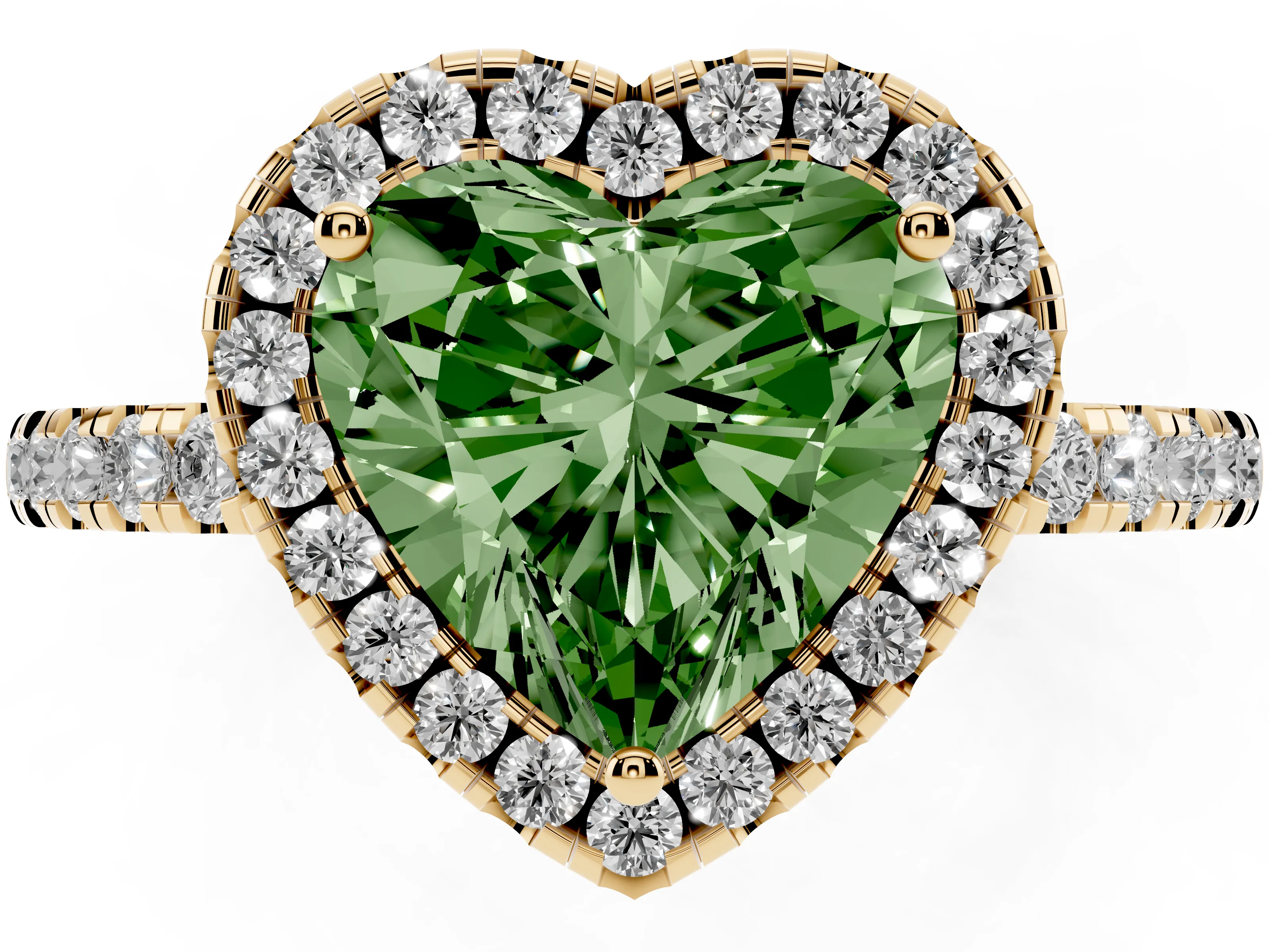 Fancy Green Heart Cut Diamond Pavé Band Halo Engagement Ring Set in Yellow gold with Prong Setting