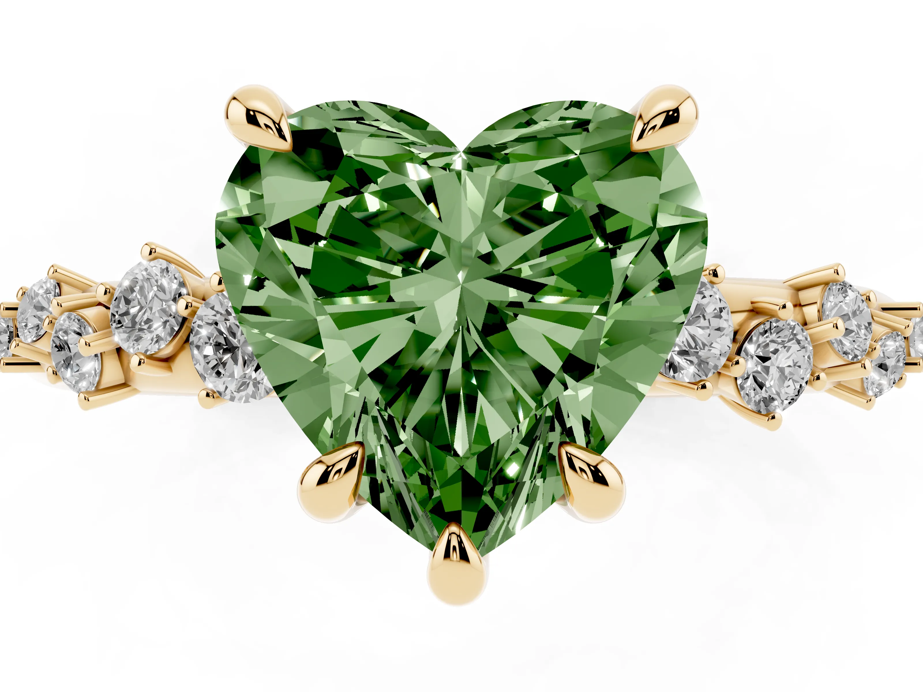 Fancy Green Heart Cut Diamond Solitaire Vine Band Ring Set in Yellow gold with Round Accents and Prong Setting
