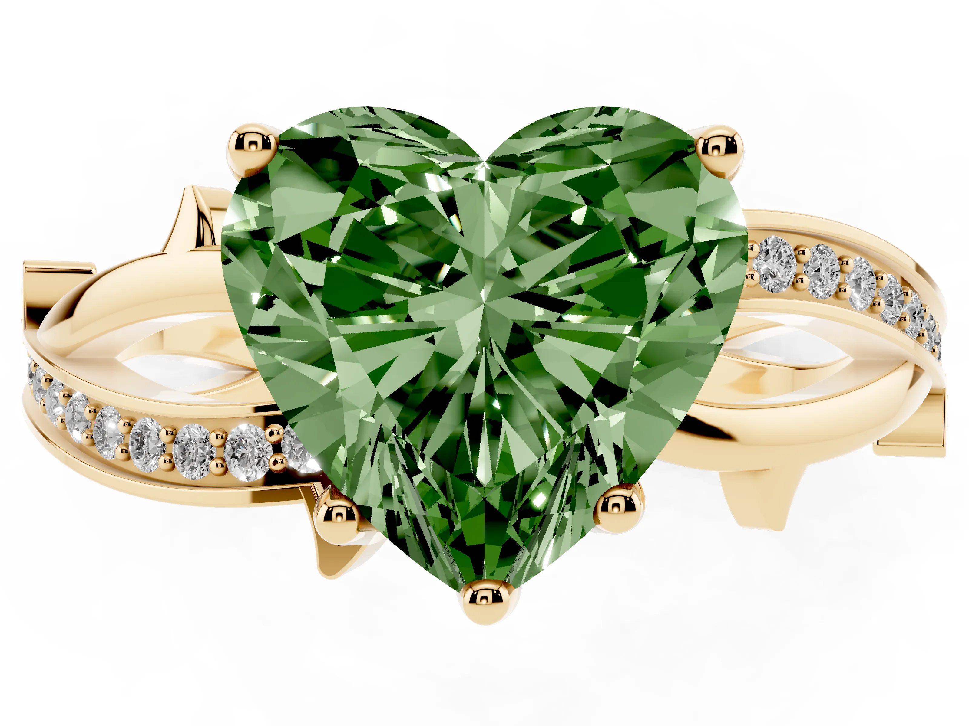 Fancy Green Heart Cut Diamond Pavé Twist Band Solitaire Ring Set in Yellow gold with Prong Setting