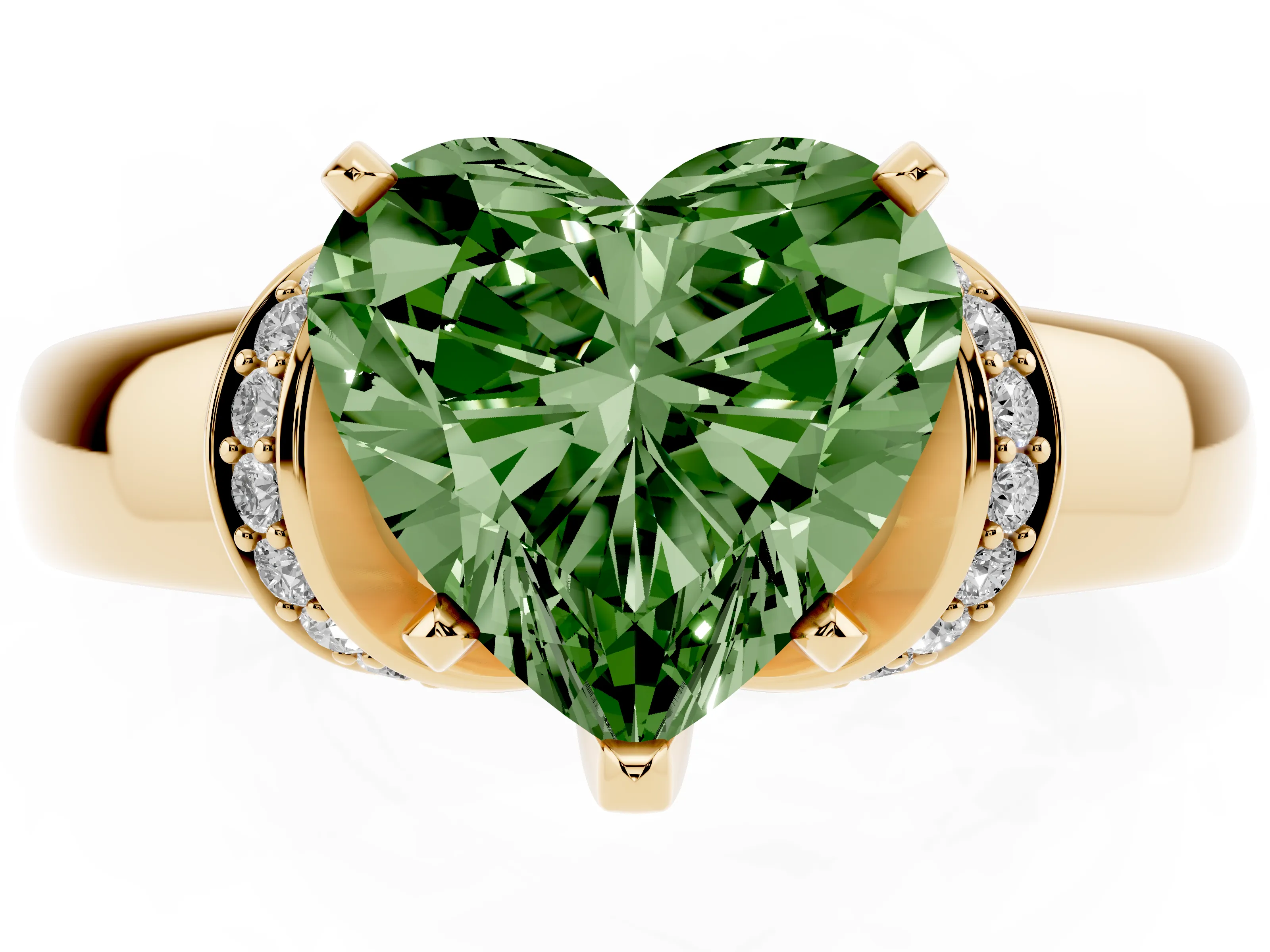Fancy Green Heart Cut Diamond Pavé Band Solitaire Ring Set in Yellow gold with Prong Setting