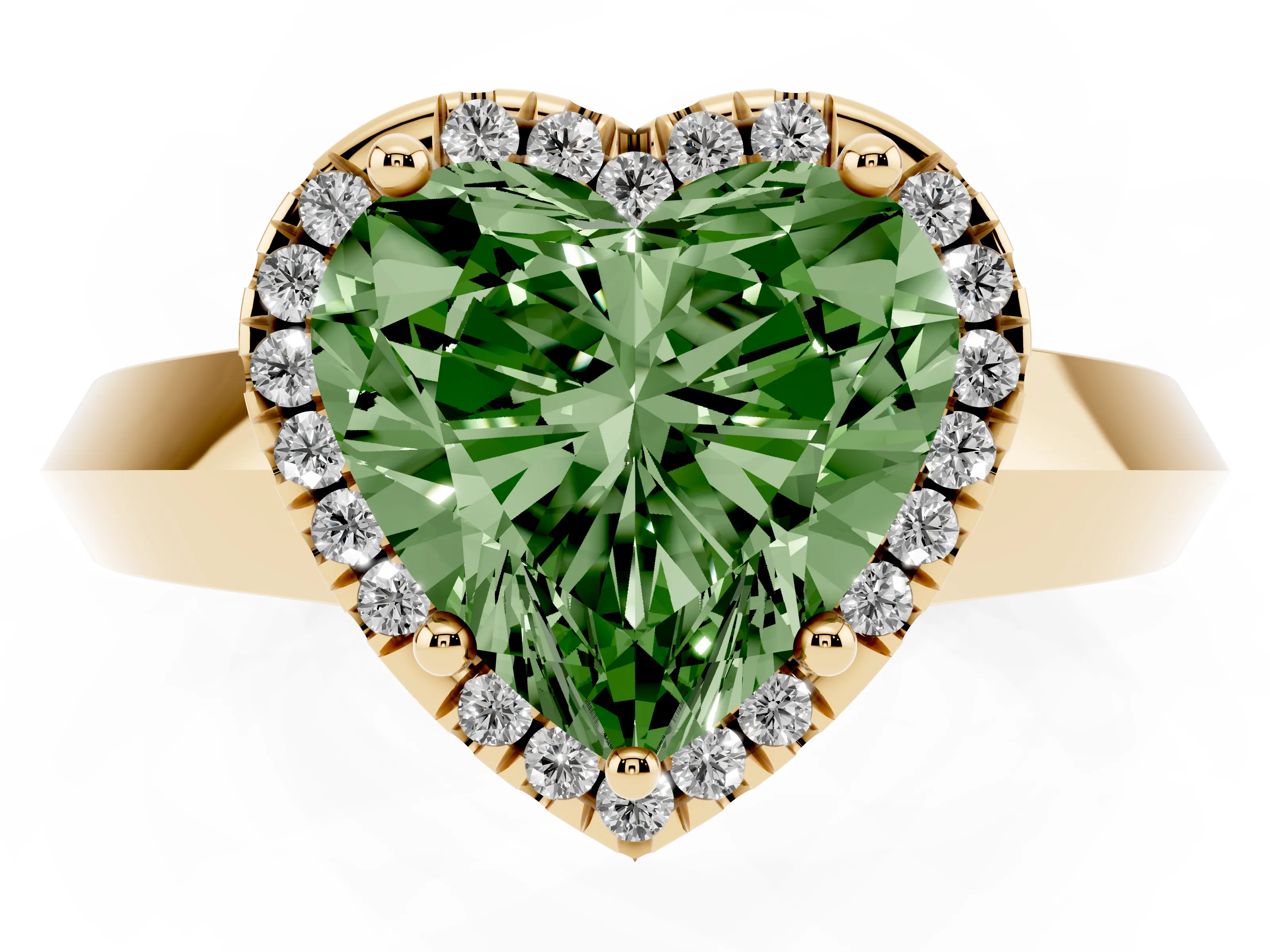 Fancy Green Heart Cut Diamond Halo Ring Set in Yellow gold with Cathedral Band and Prong Setting