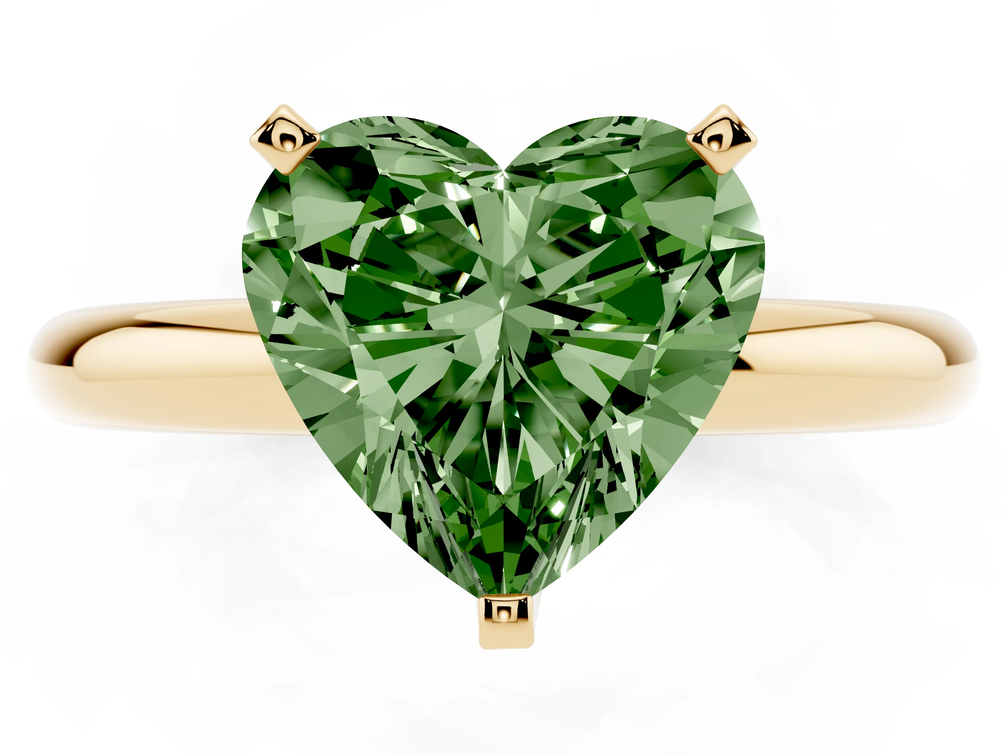 Fancy Green Heart Cut Diamond Solitaire Engagement Ring Set in Yellow gold with Round Band and Prong Setting