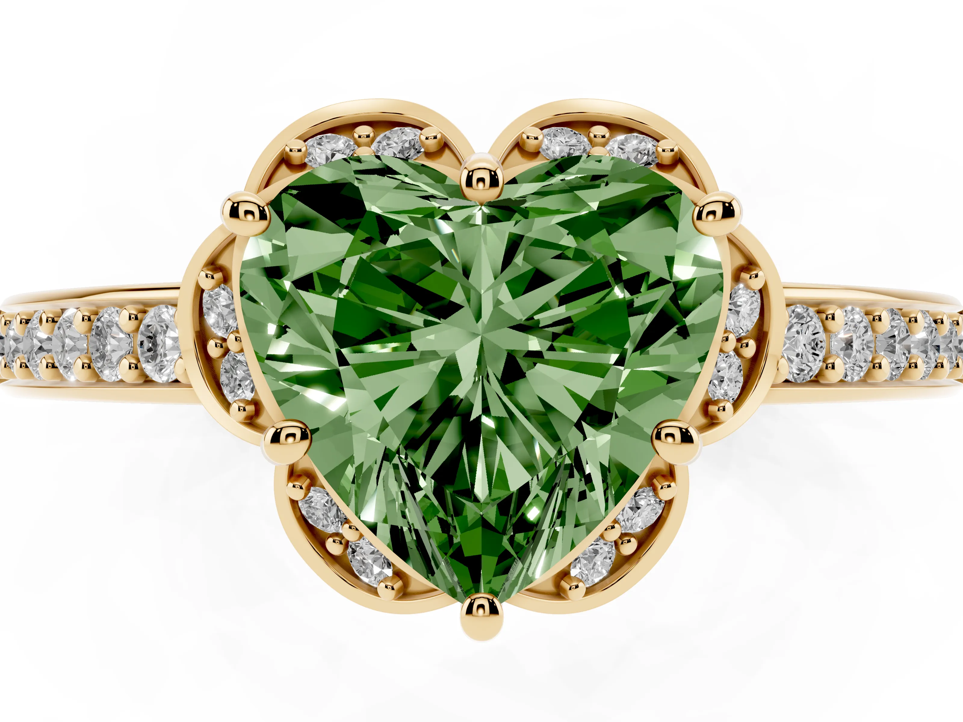 Fancy Green Heart Cut Diamond Halo Ring Set in Yellow gold with Channel Set Band and Prong Setting