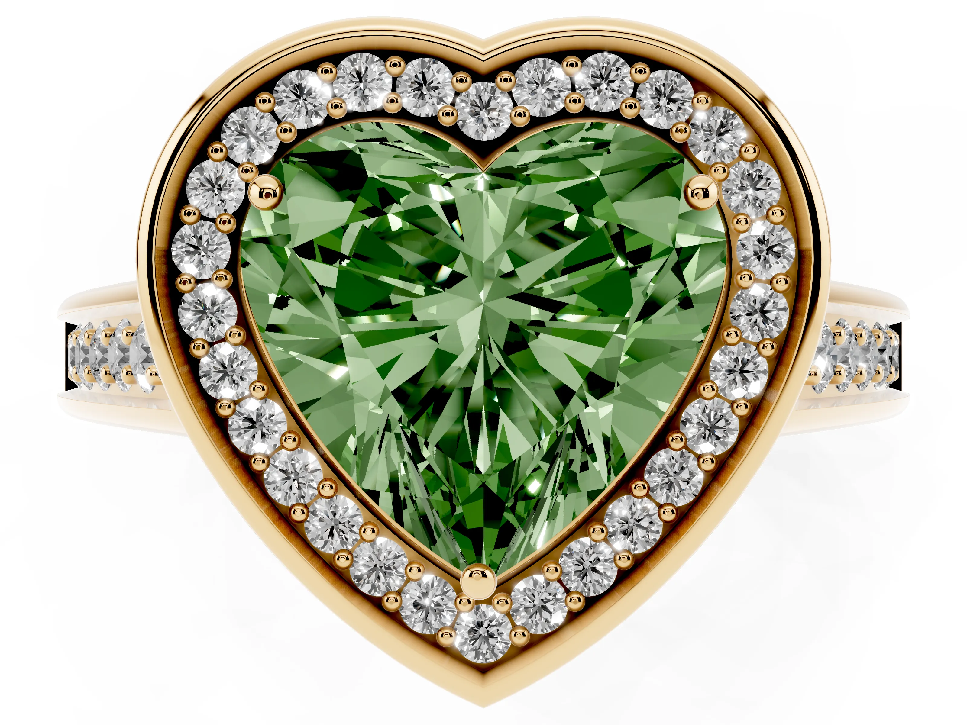 Fancy Green Heart Cut Diamond Halo Solitaire Ring Set in Yellow gold with Pavé Band and Bezel Setting