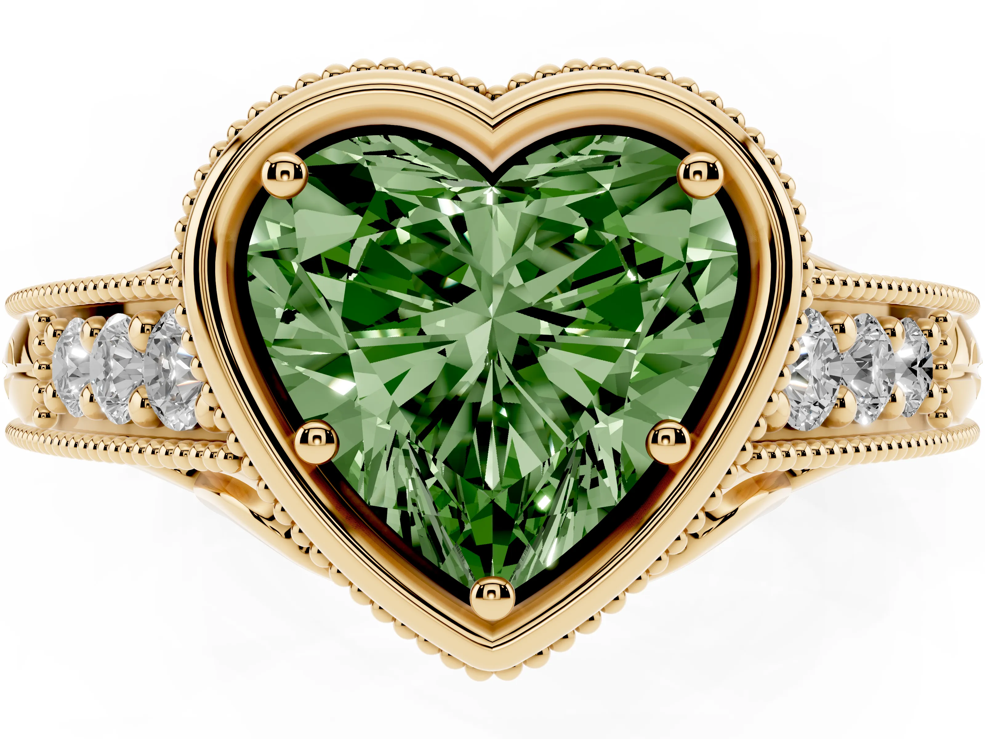 Fancy Green Bezel Set Heart Cut Diamond Milgrain Pavé Engagement Ring Set in Yellow gold