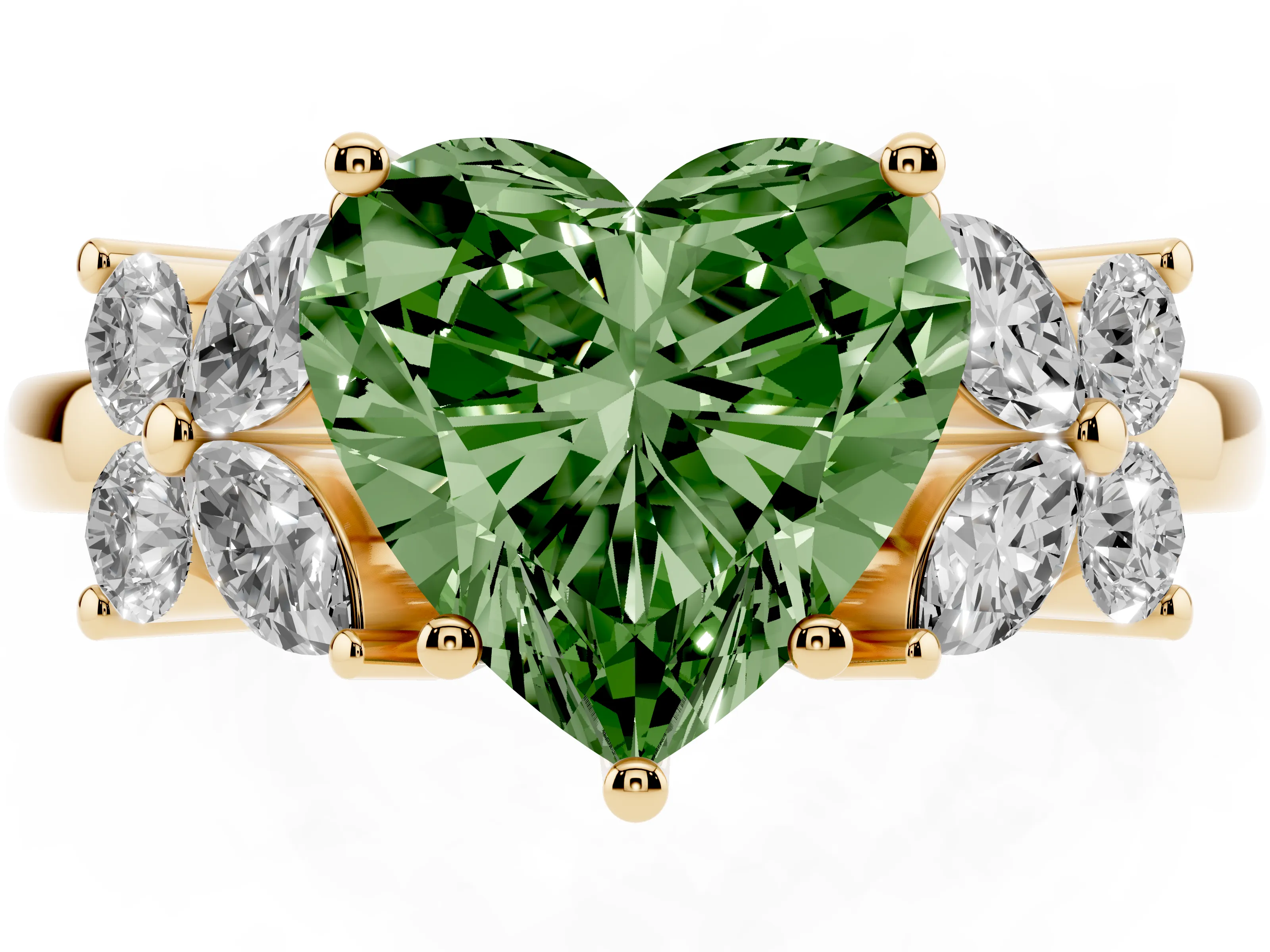 Fancy Green Heart Cut Diamond Floral Cluster Ring Set in Yellow gold with Marquise Petals and Prong Setting