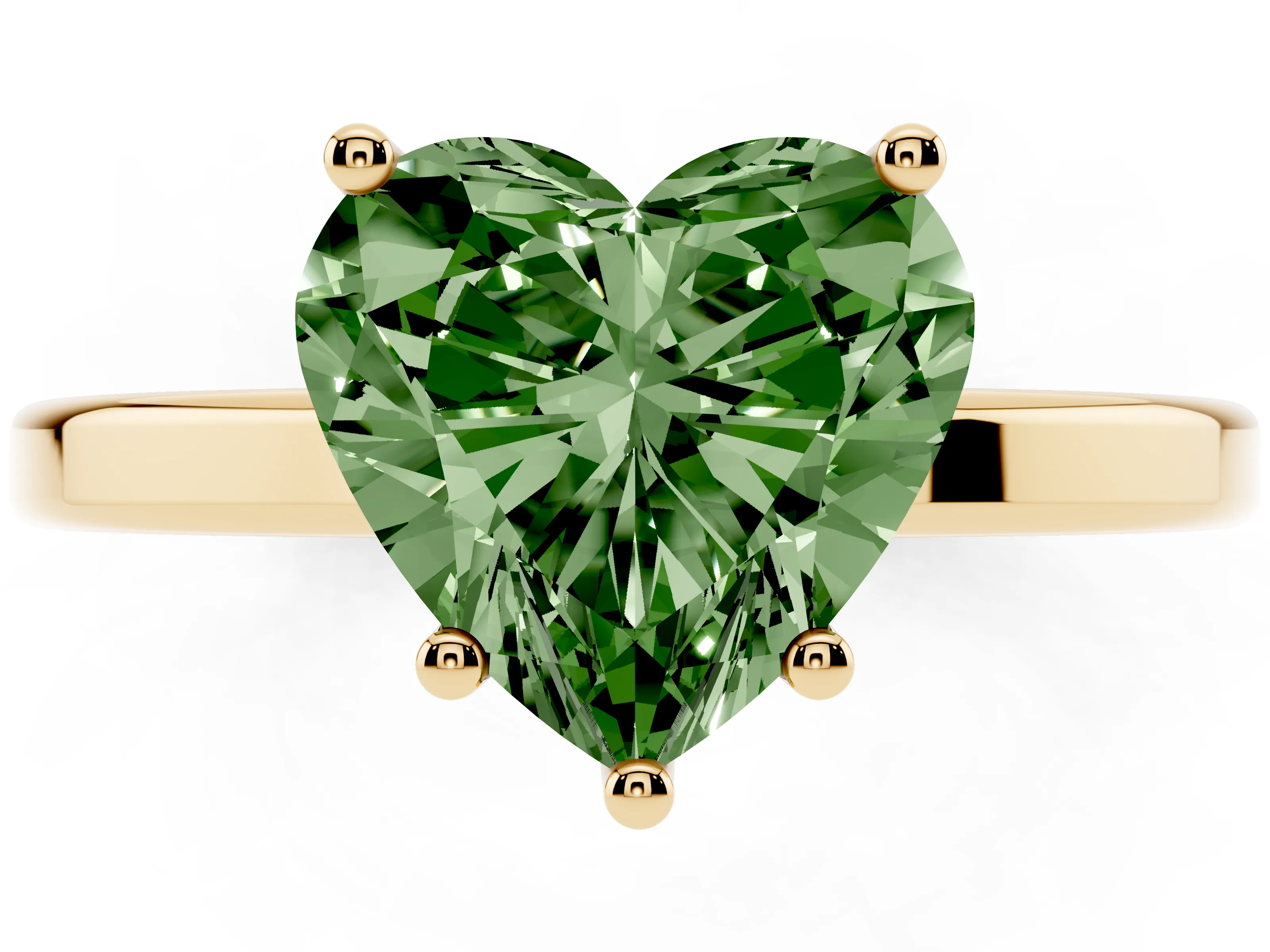Fancy Green Heart Cut Diamond Solitaire Engagement Ring Set in Yellow gold with Prong Setting on a Plain Band