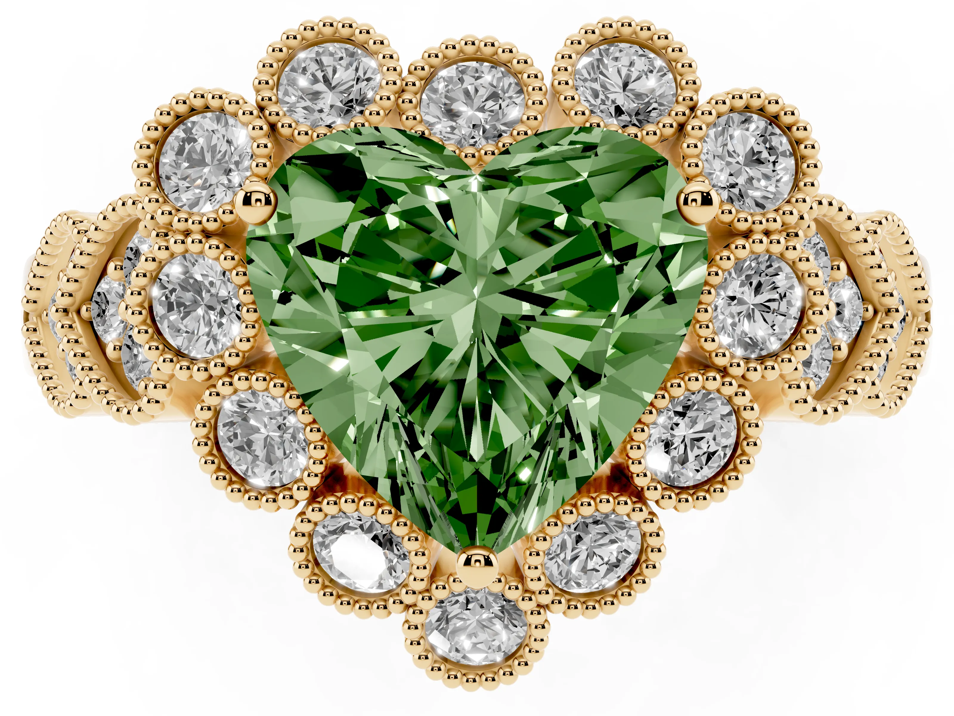Fancy Green Heart Cut Diamond Solitaire Ring Set in Yellow gold with Milgrain Pavé Heart Band