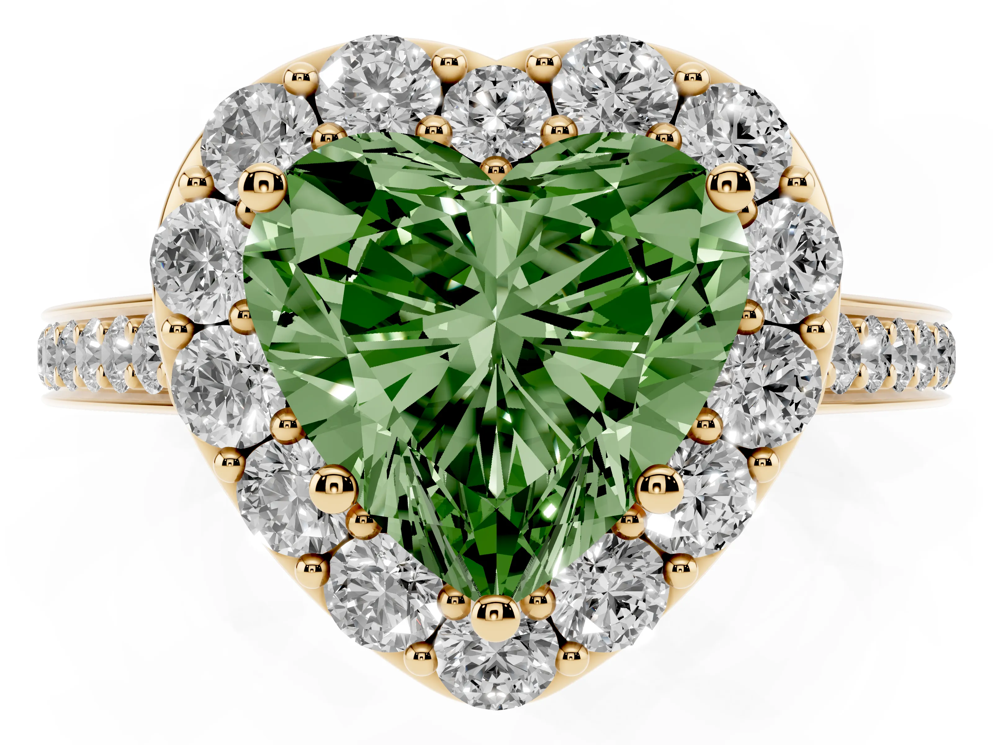 Fancy Green Heart Cut Diamond Floral Halo Ring Set in Yellow gold with Pavé Band and Prong Setting