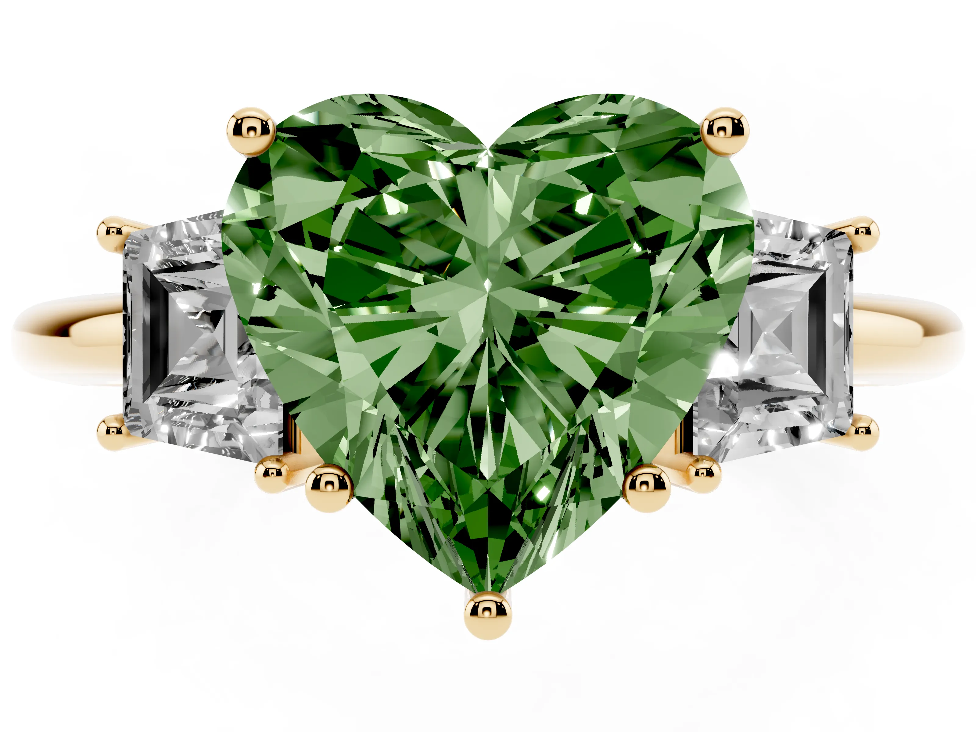 Fancy Green Heart Cut Diamond Three-Stone Ring Set in Yellow gold with Trapezoid Side Stones and Prong Setting