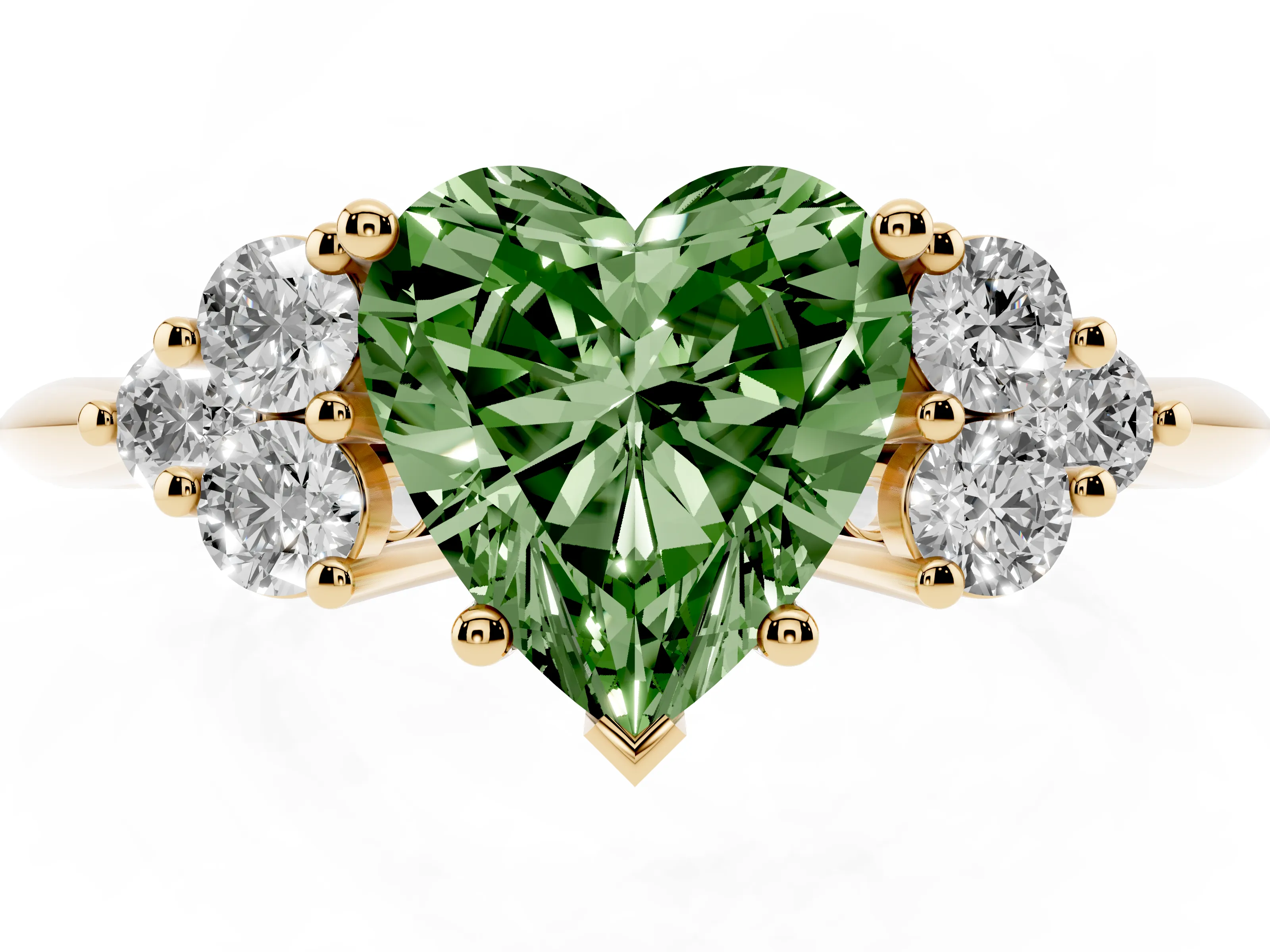Fancy Green Heart Cut Diamond Cluster Ring Set in Yellow gold with Plain Band and Prong Setting