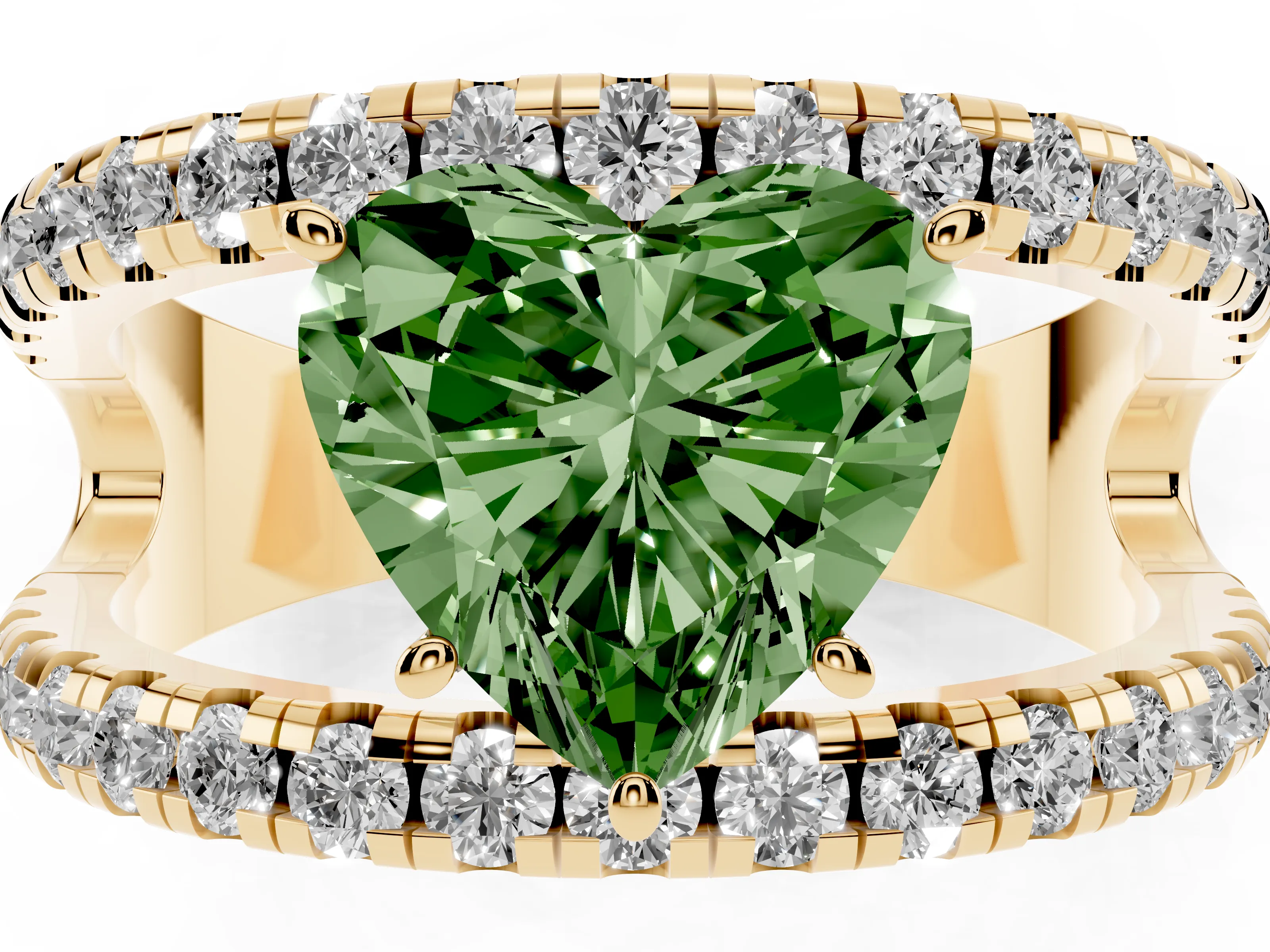 Fancy Green Heart Cut Diamond Split Shank Pavé Solitaire Ring Set in Yellow gold with Open Shank Design