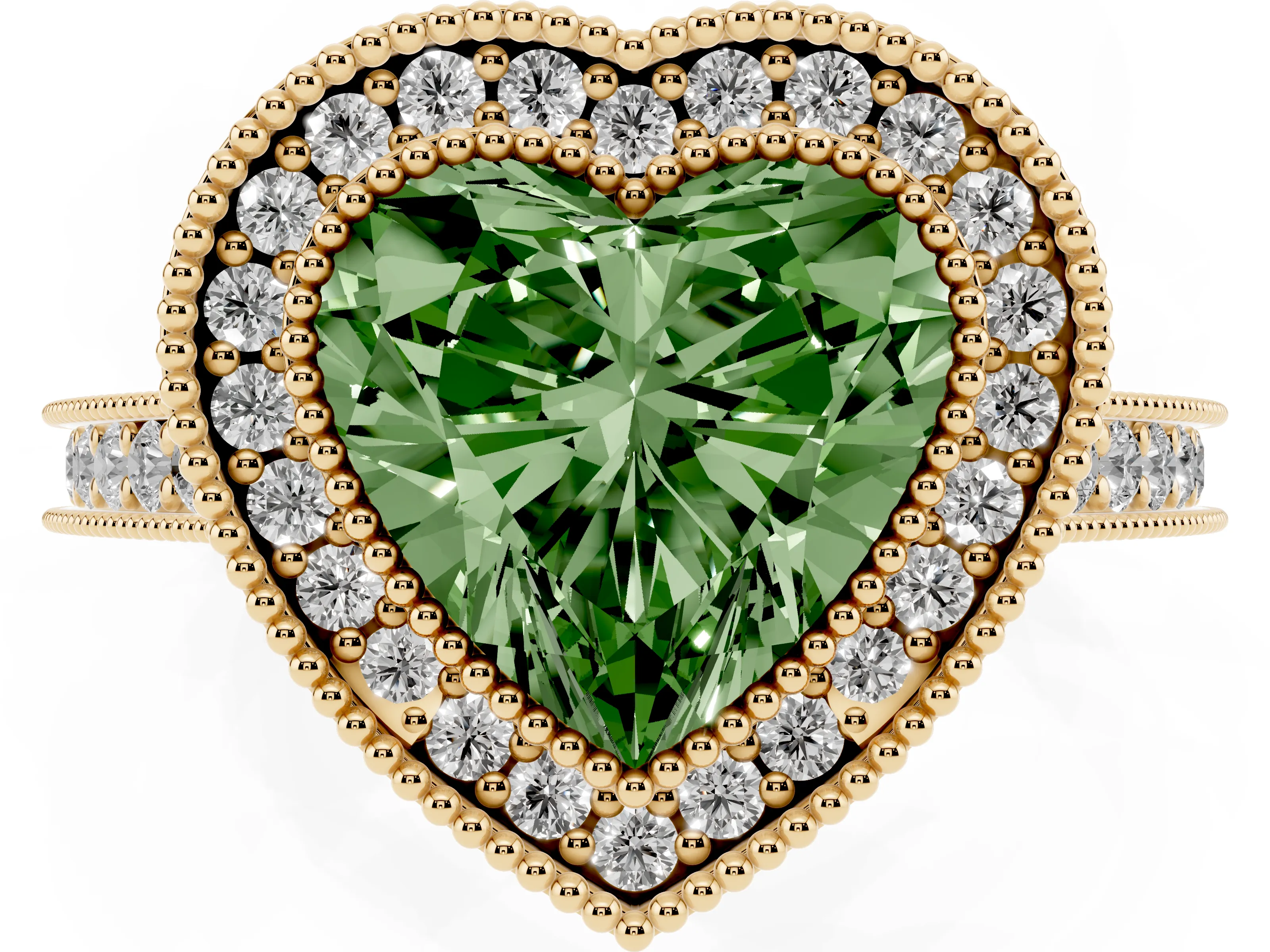 Fancy Green Heart Cut Diamond Halo Milgrain Pavé Band Ring Set in Yellow gold with Prong Setting