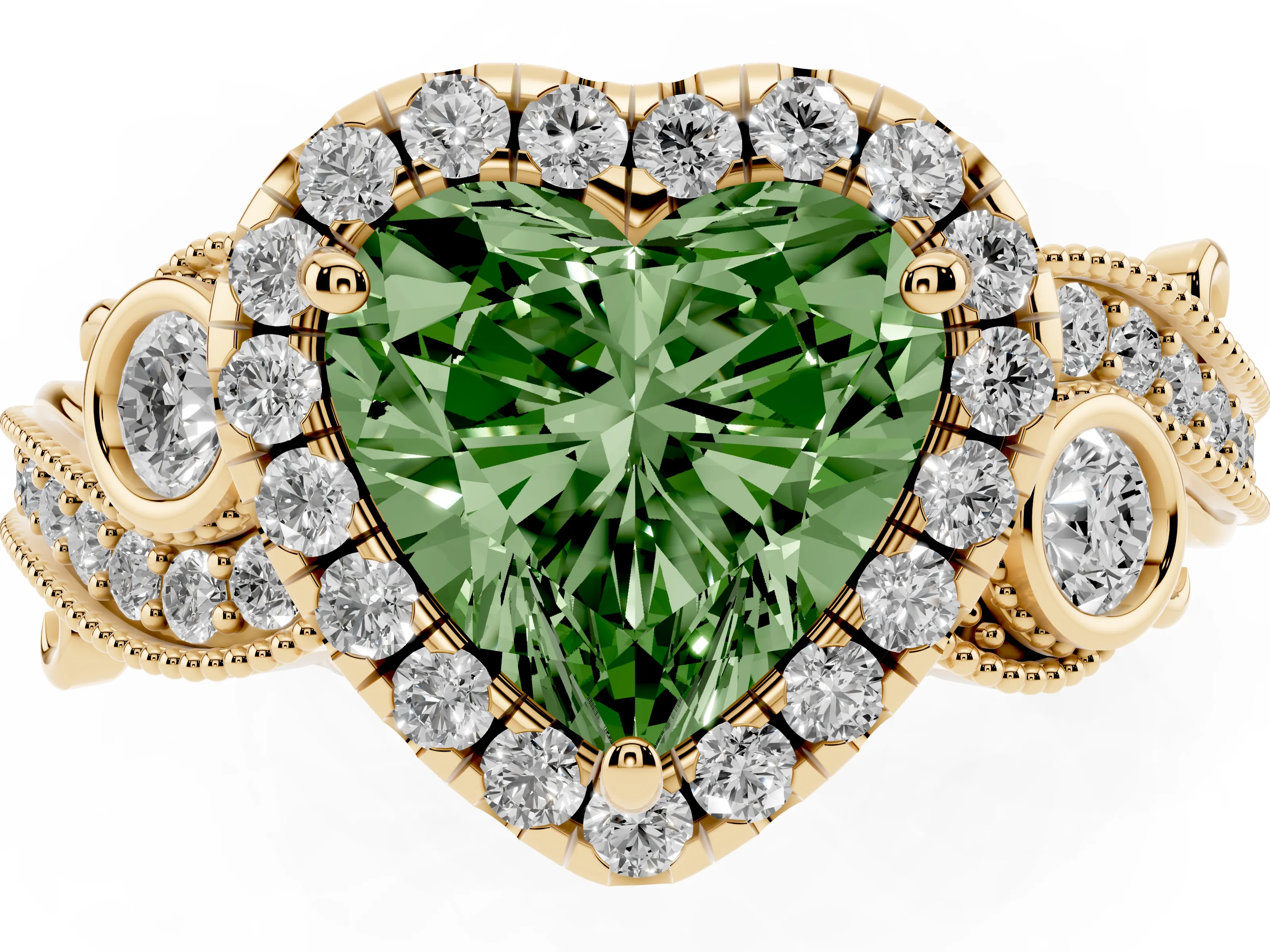 Fancy Green Heart Cut Diamond Halo Ring Set in Yellow gold with Milgrain Pavé Band and Prong Setting