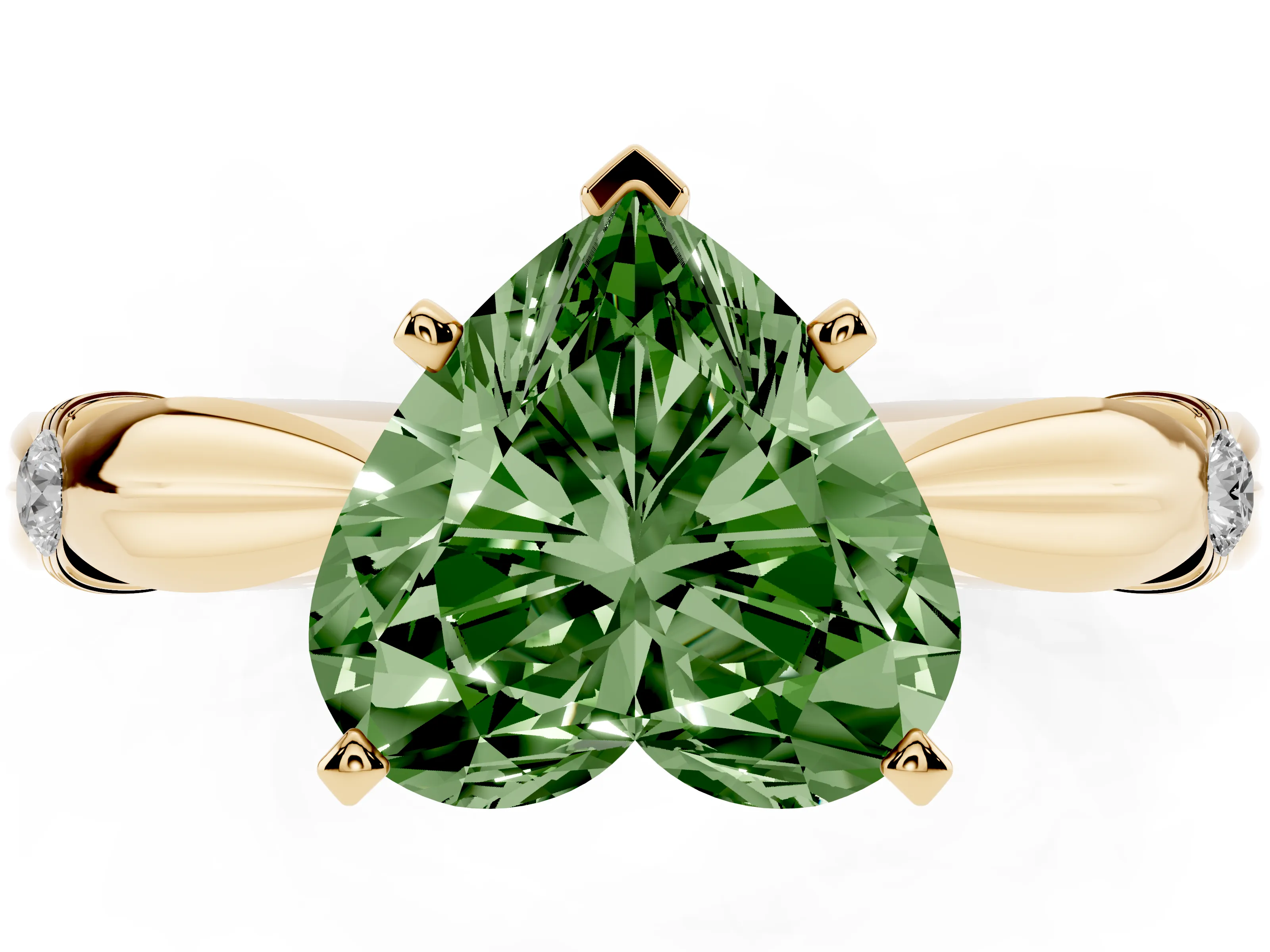 Fancy Green Heart Cut Diamond Solitaire Twisted Band Ring Set in Yellow gold with Accent Stones and Prong Setting