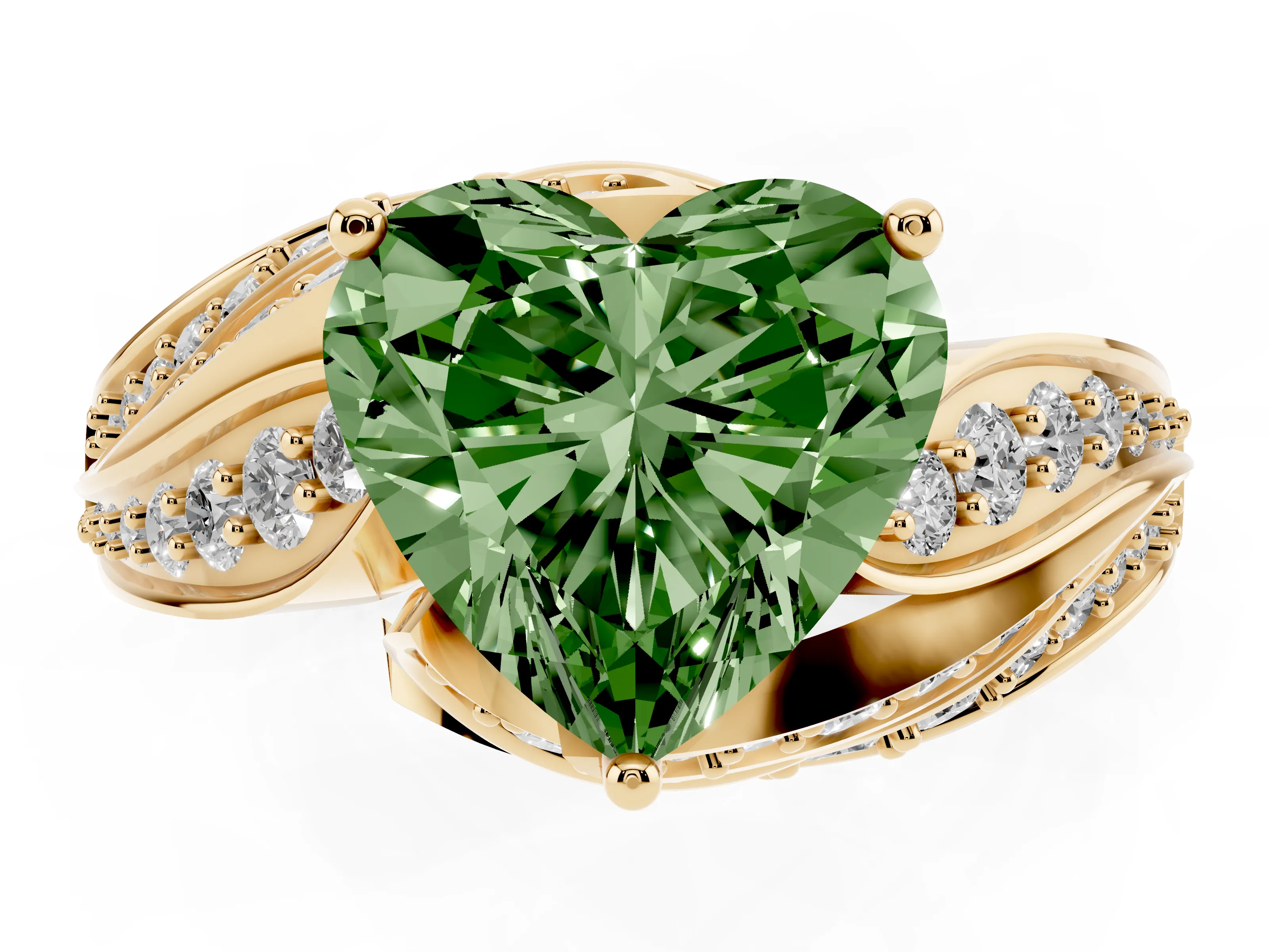 Fancy Green Heart Cut Diamond Solitaire Ring Set in Yellow gold with Layered Twist Pavé Band