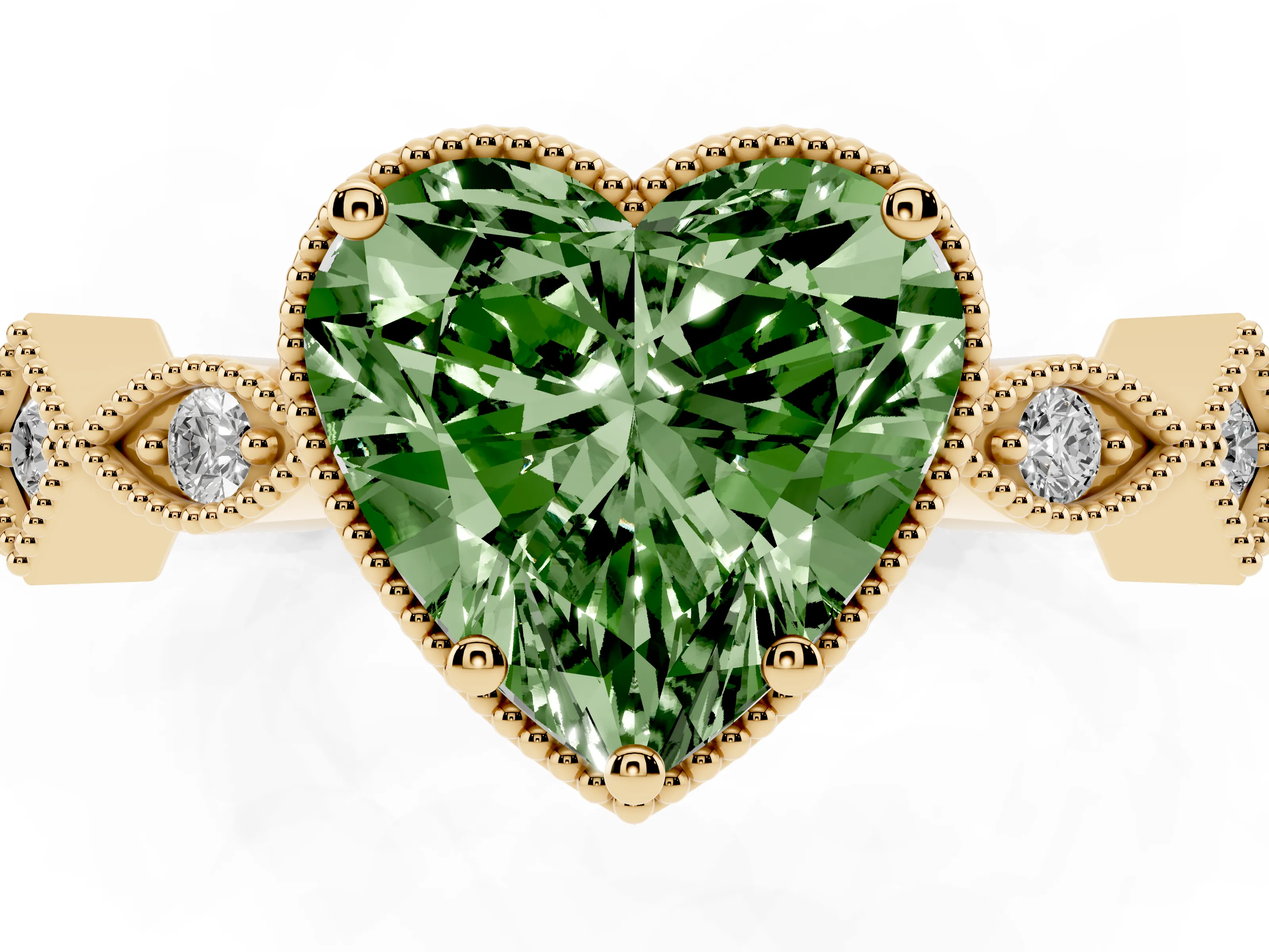Fancy Green Heart Cut Diamond Milgrain Marquise Twist Band Ring Set in Yellow gold with Prong Setting