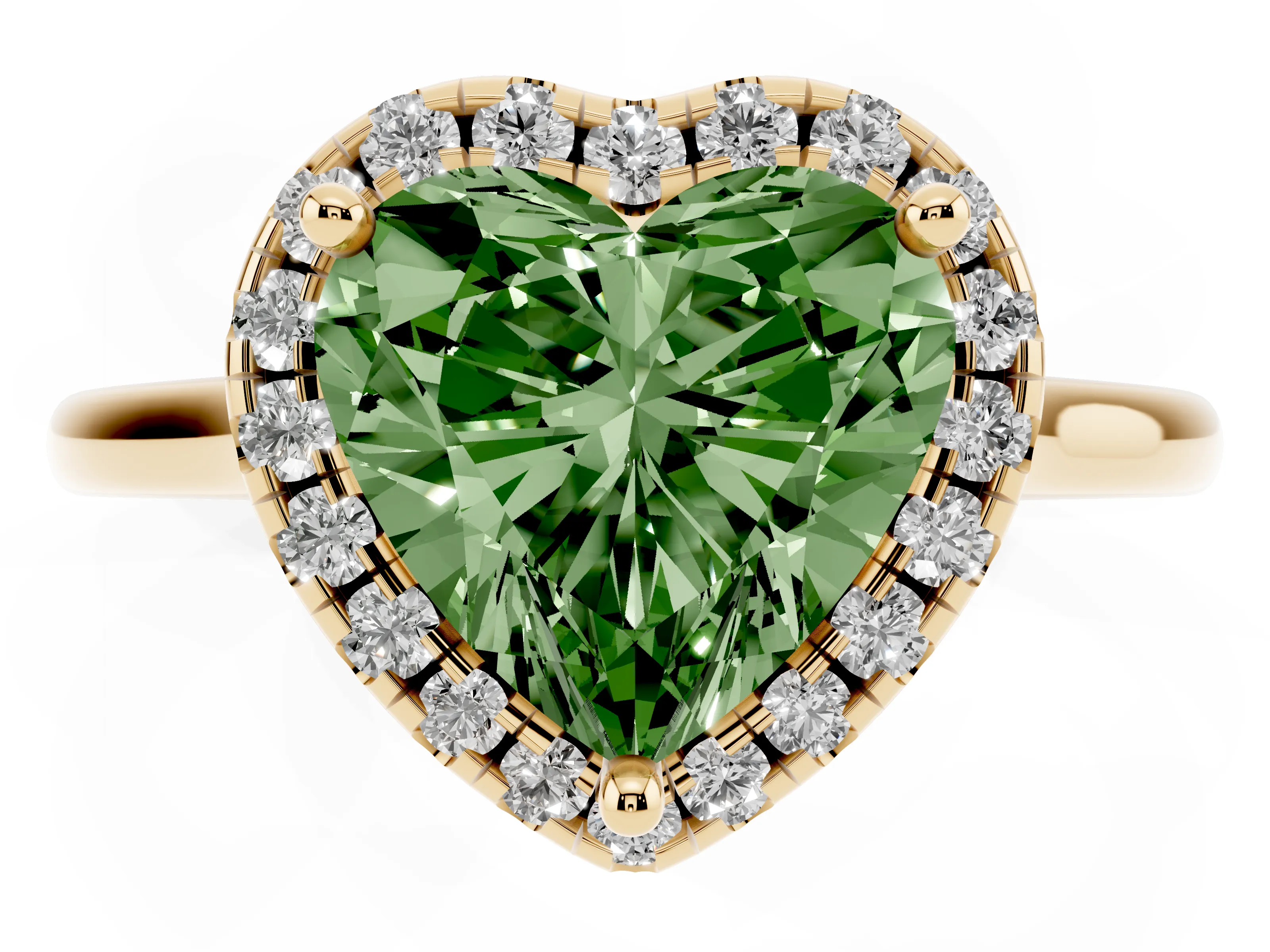 Fancy Green Heart Cut Diamond Halo Engagement Ring Set in Yellow gold with Pavé Band and Rising Shoulders