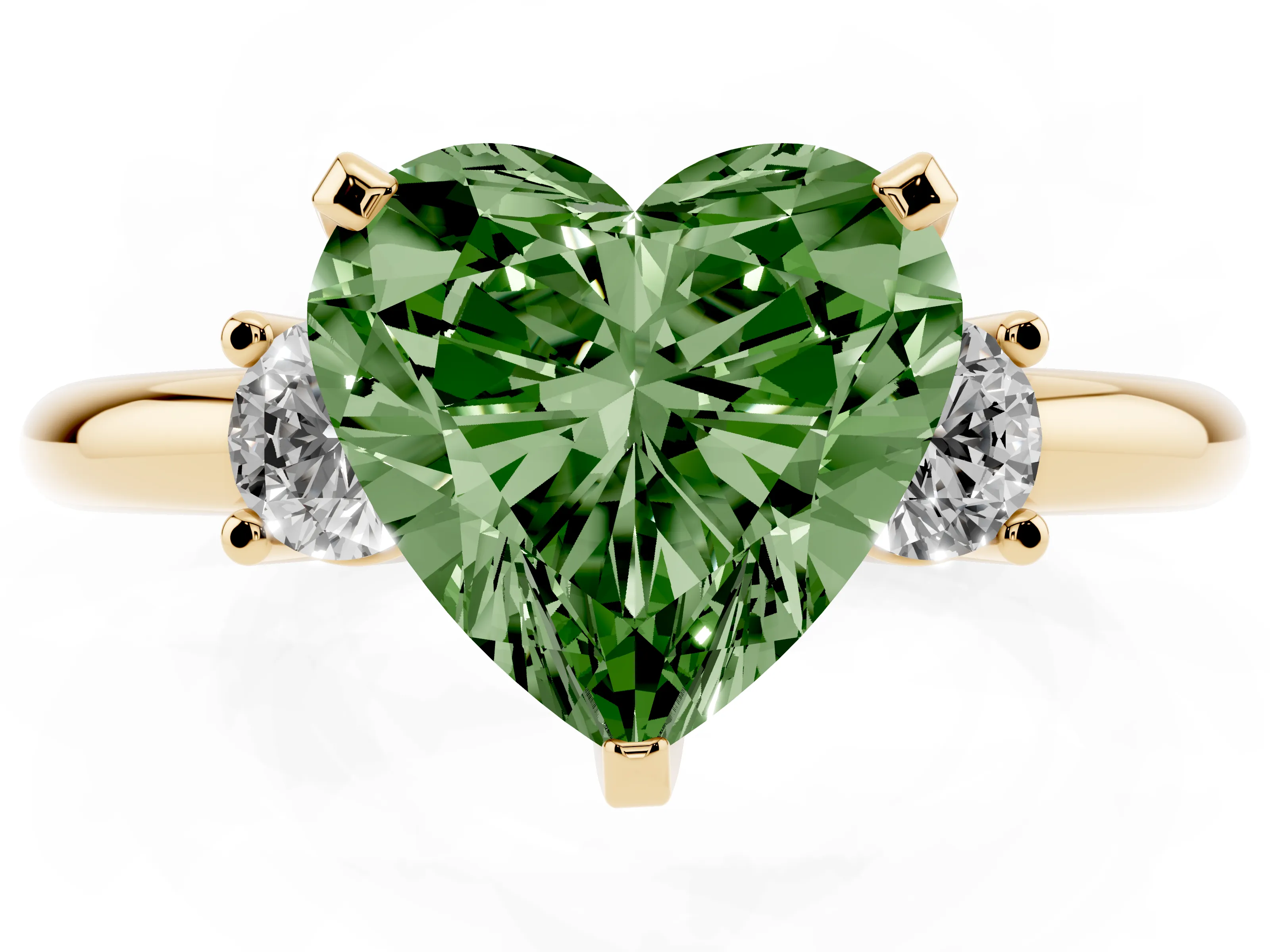 Fancy Green Three-Stone Heart Cut Diamond Ring Set in Yellow gold with Prong Setting and Plain Band