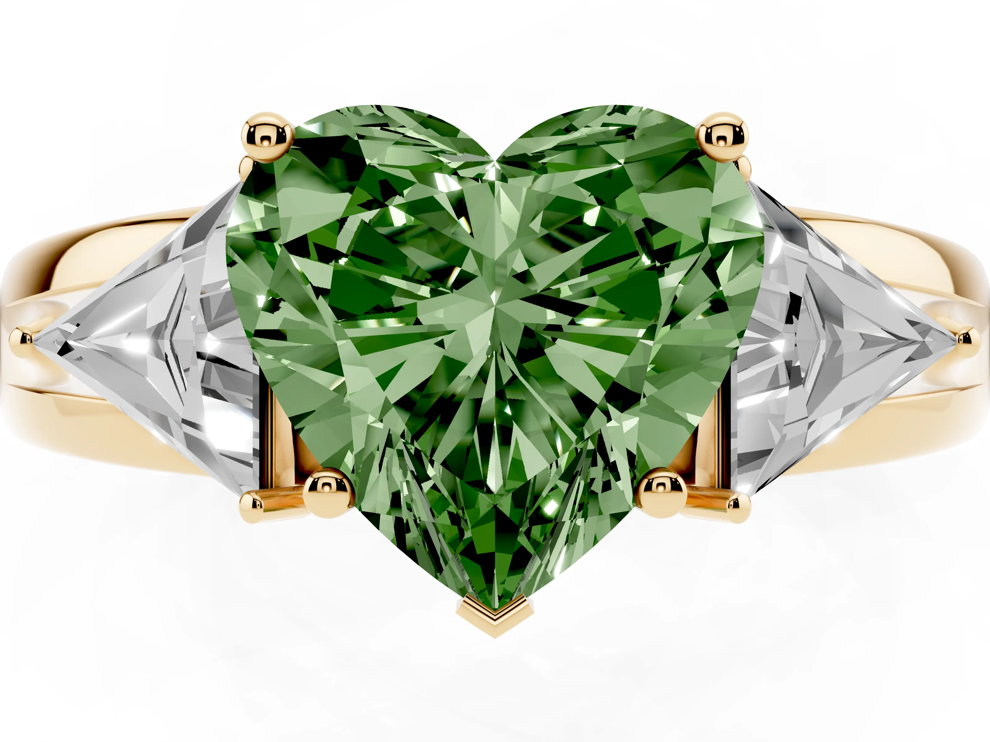 Fancy Green Heart Cut Diamond Three-Stone Ring Set in Yellow gold with Trillion Side Stones and Split Shank