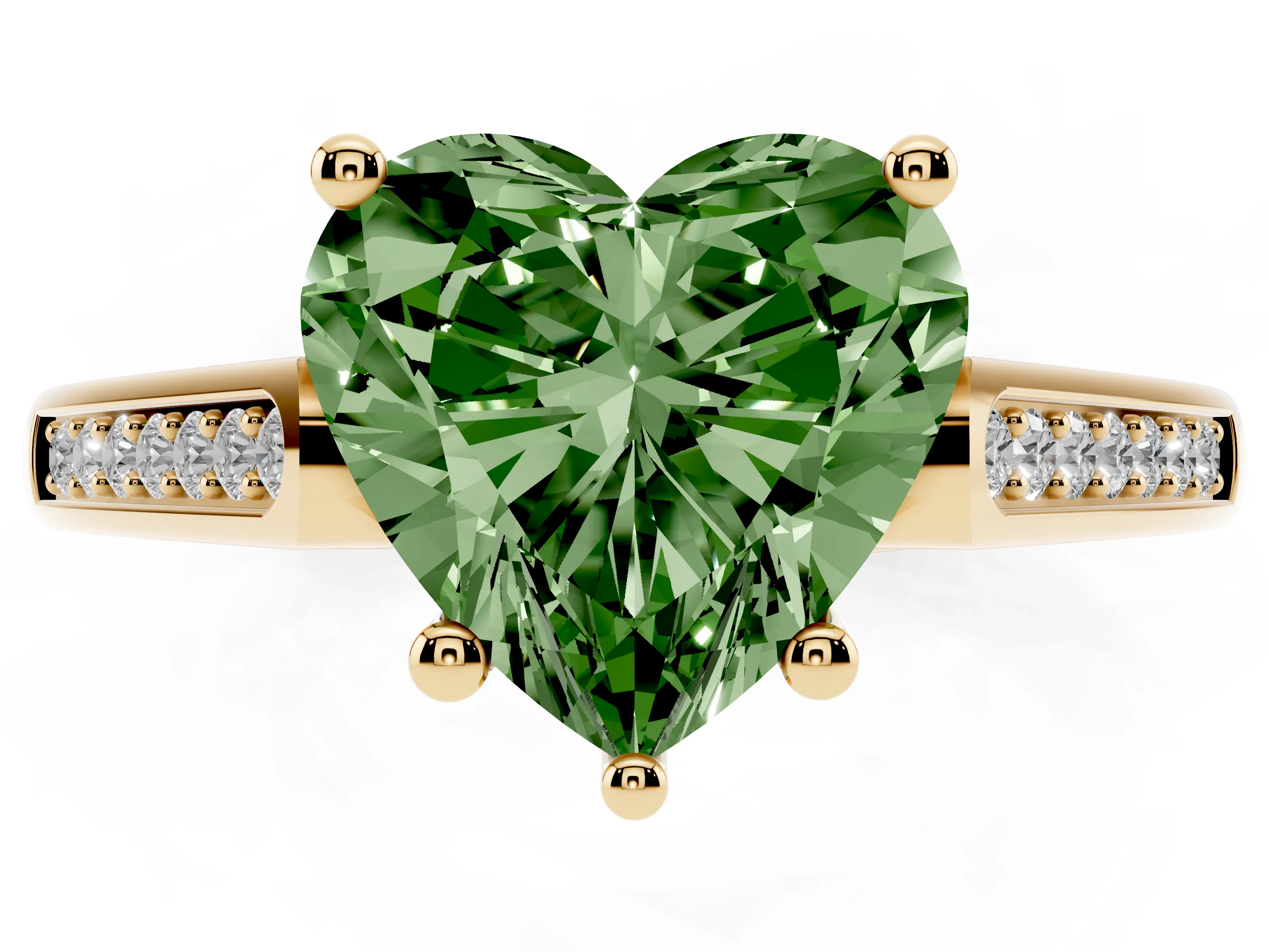 Fancy Green Heart Cut Diamond Solitaire Cathedral Engagement Ring Set in Yellow gold with Channel-Set Band and Prong Setting