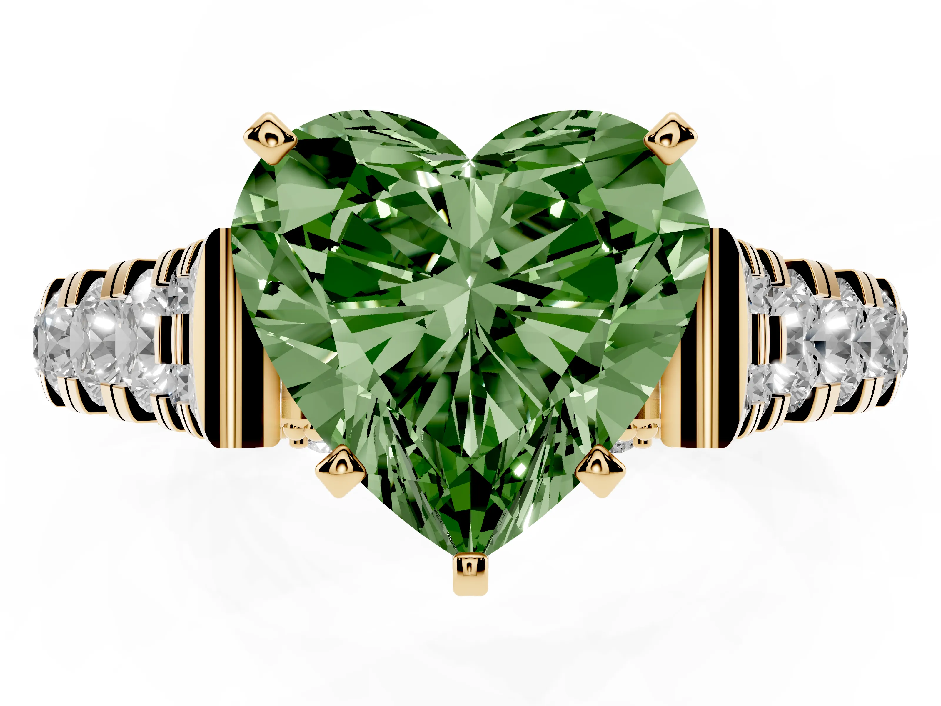 Fancy Green Heart Cut Diamond Classic Solitaire Ring Set in Yellow gold with Pavé Band and Prong Setting