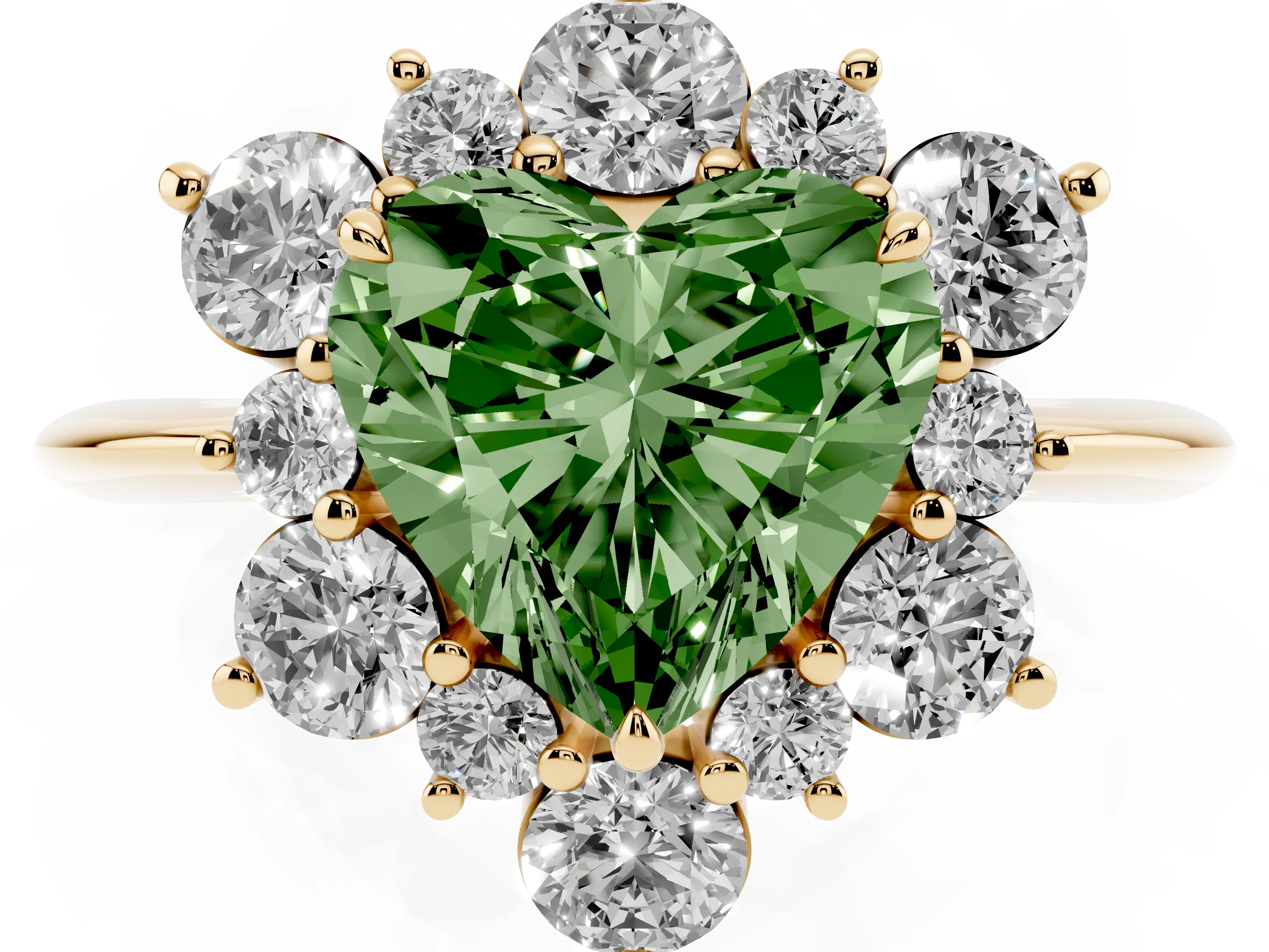 Fancy Green Heart Cut Diamond Cluster Halo Ring Set in Yellow gold with Solitaire Band and Prong Setting