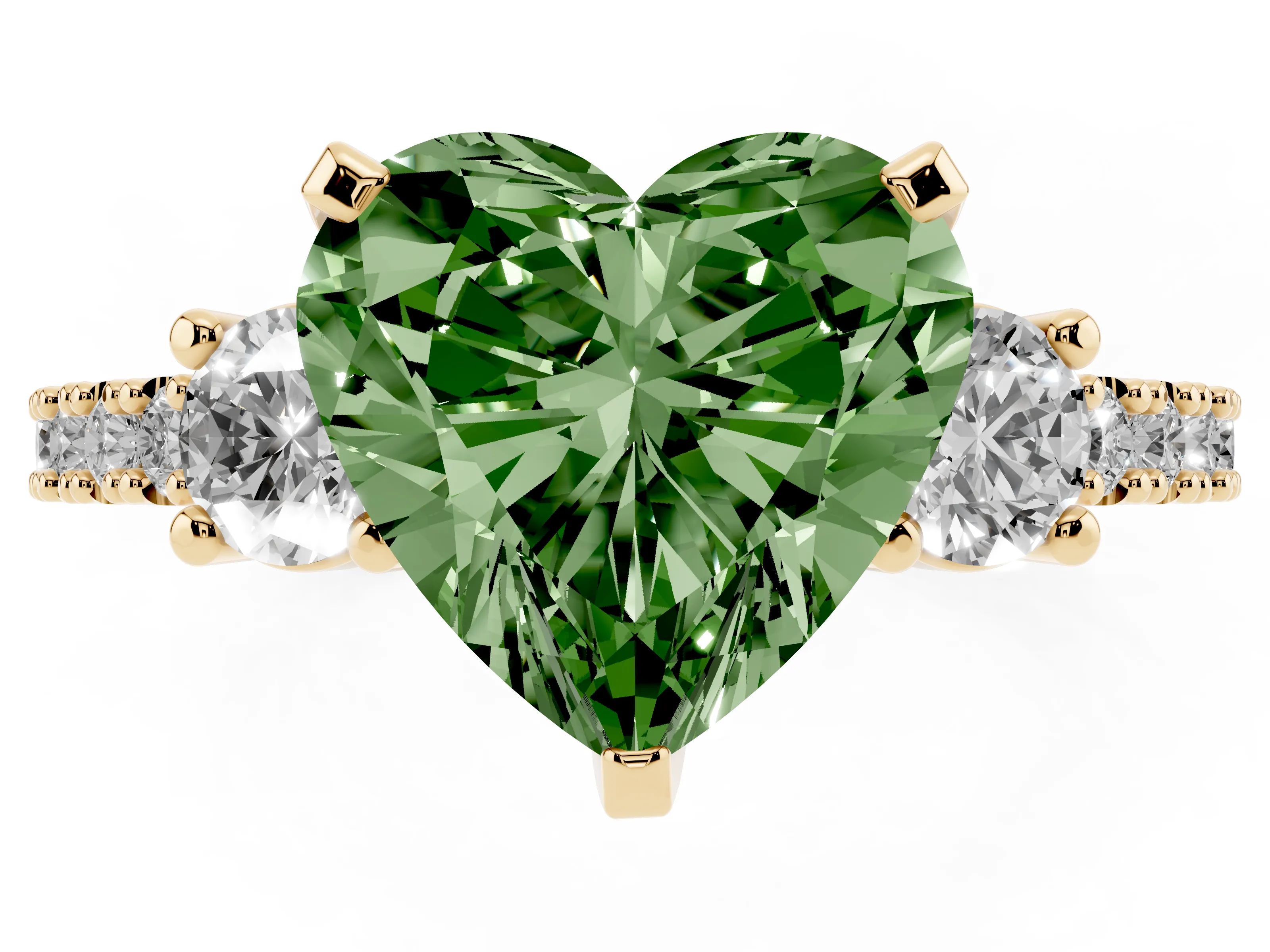 Fancy Green Three-Stone Heart Cut Diamond Pavé Band Ring Set in Yellow gold with Prong Setting