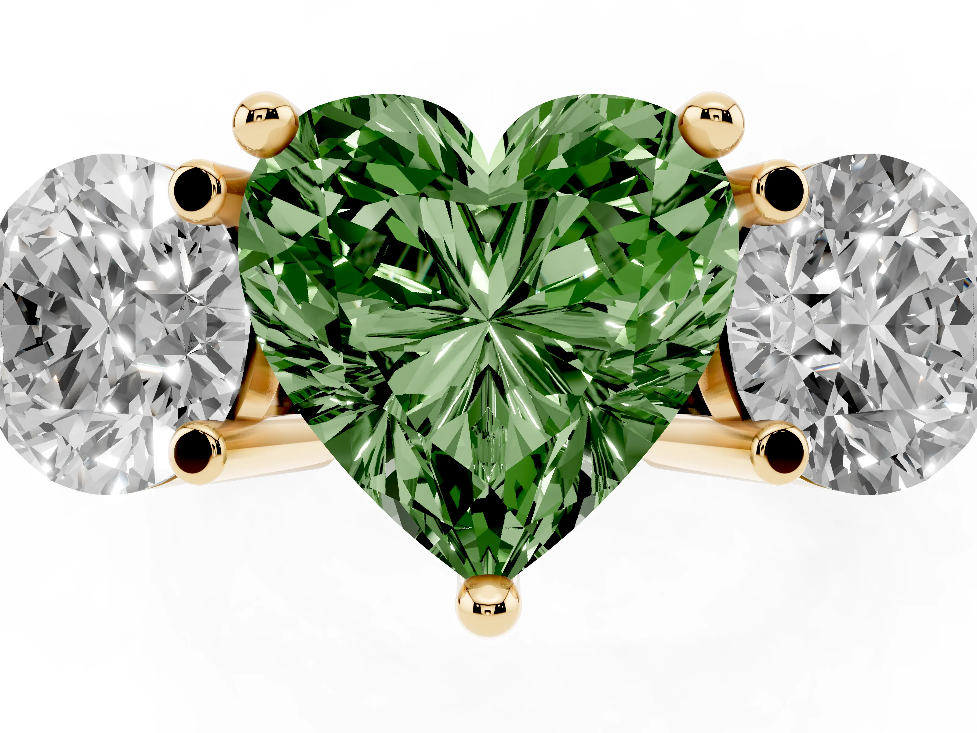 Fancy Green Heart Cut Diamond Three-Stone Ring Set in Yellow gold with Prong Setting and Classic Band