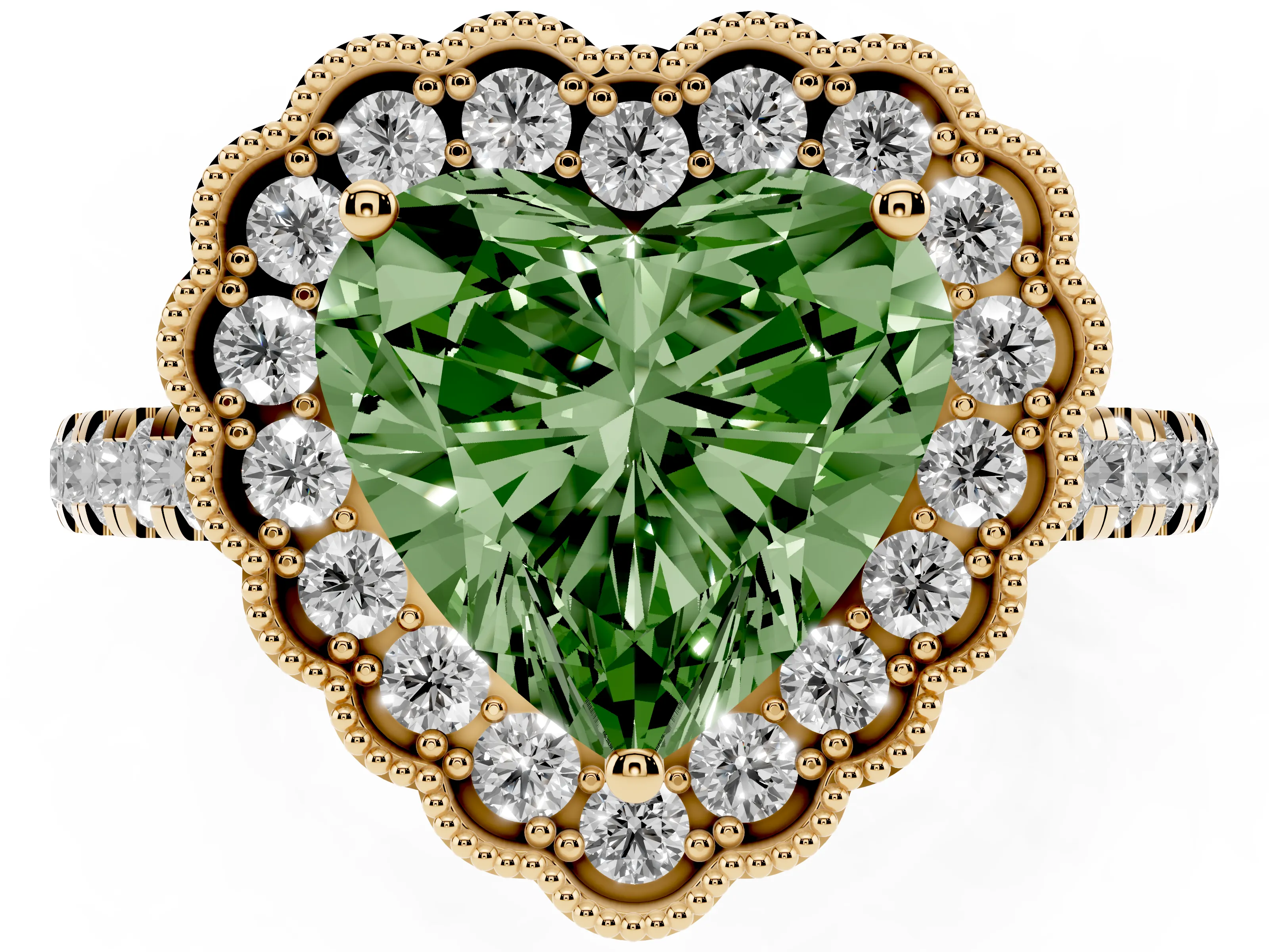 Fancy Green Heart Cut Diamond Milgrain Floral Halo Engagement Ring Set in Yellow gold with Pavé Band